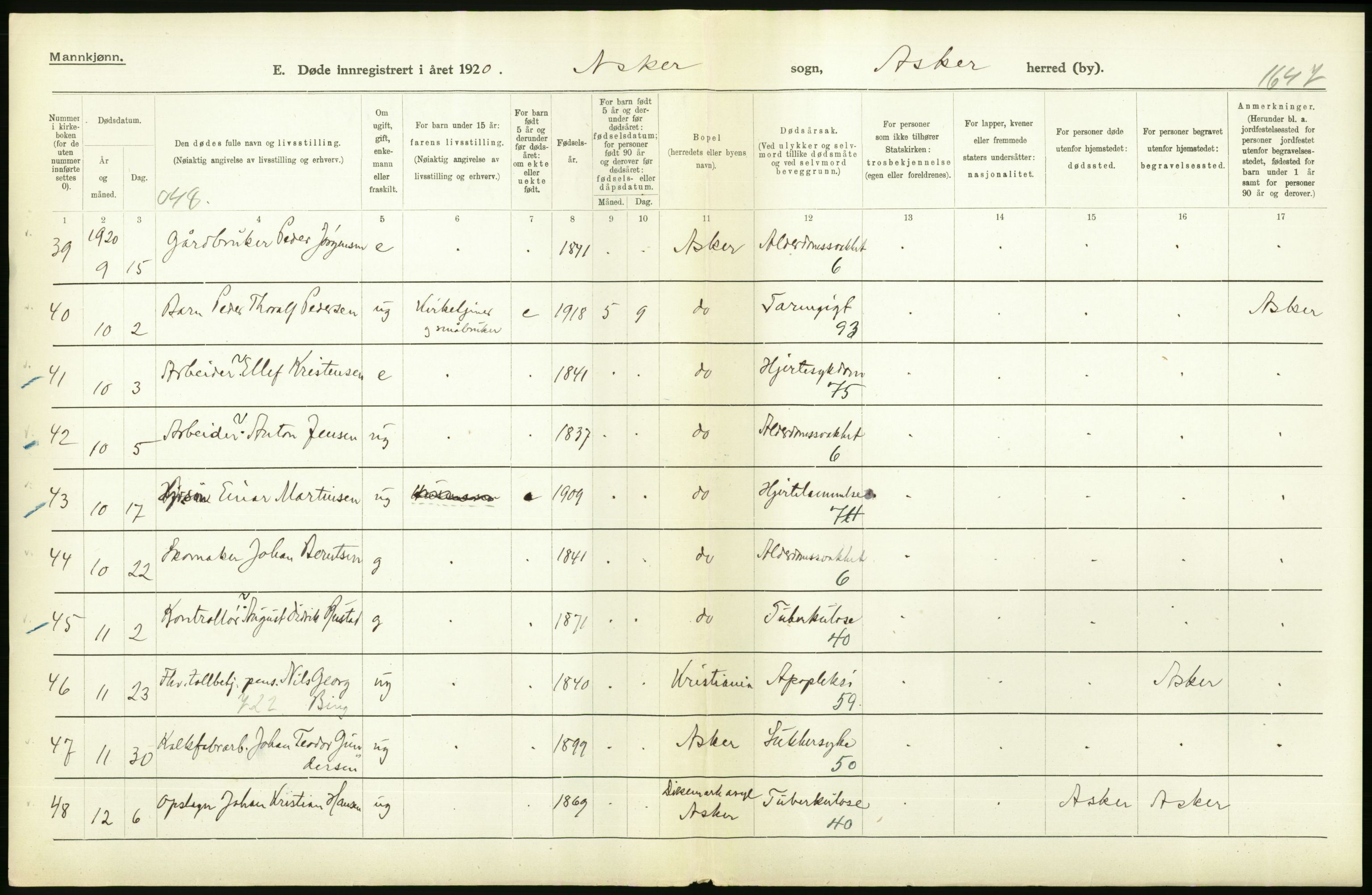 Statistisk sentralbyrå, Sosiodemografiske emner, Befolkning, AV/RA-S-2228/D/Df/Dfb/Dfbj/L0007: Akershus fylke: Døde. Bygder og byer., 1920, s. 122