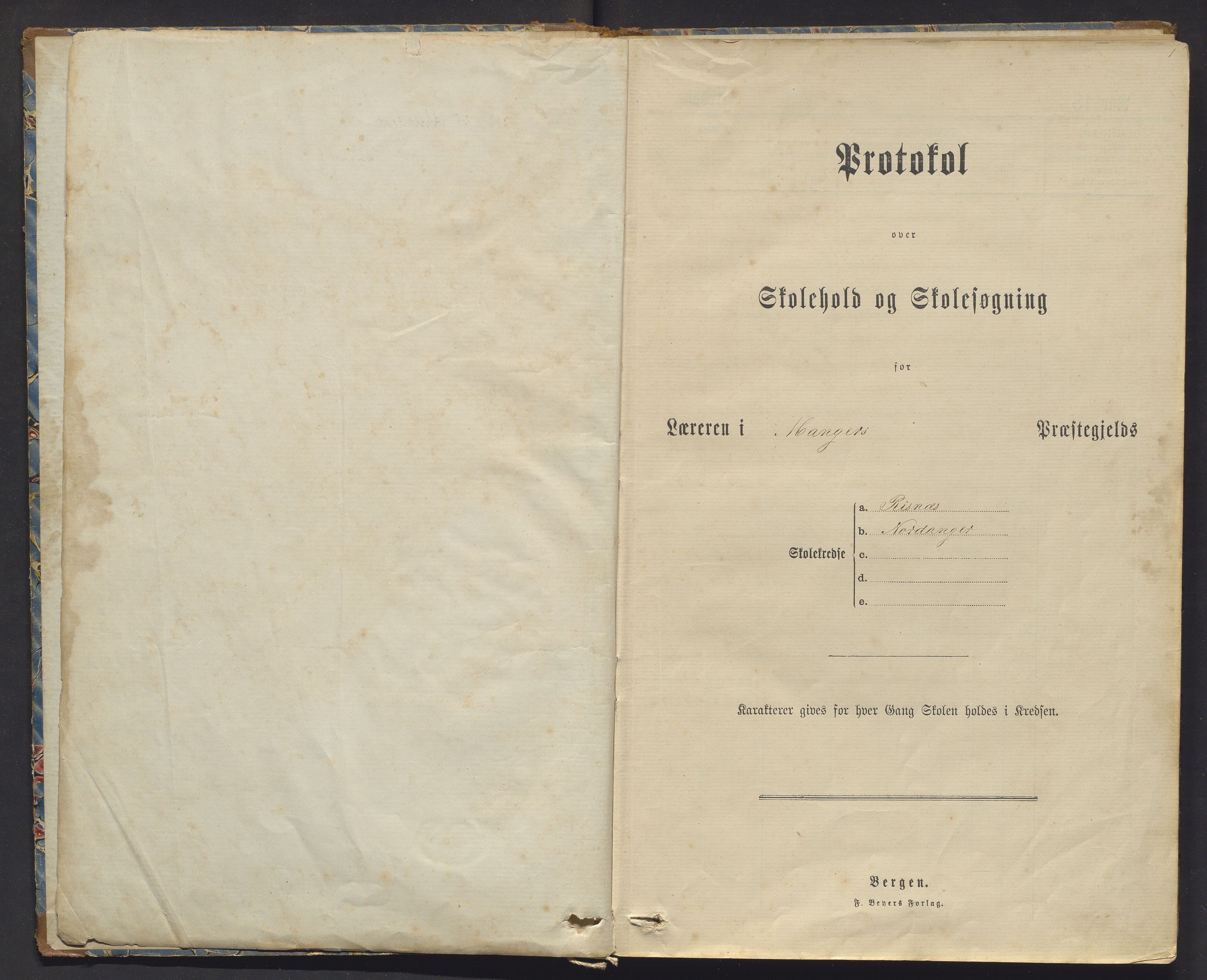 Manger kommune. Barneskulane, IKAH/1261-231/F/Fa/L0005: Skuleprotokoll  for Risnes og Nordanger krinsar , 1884-1916