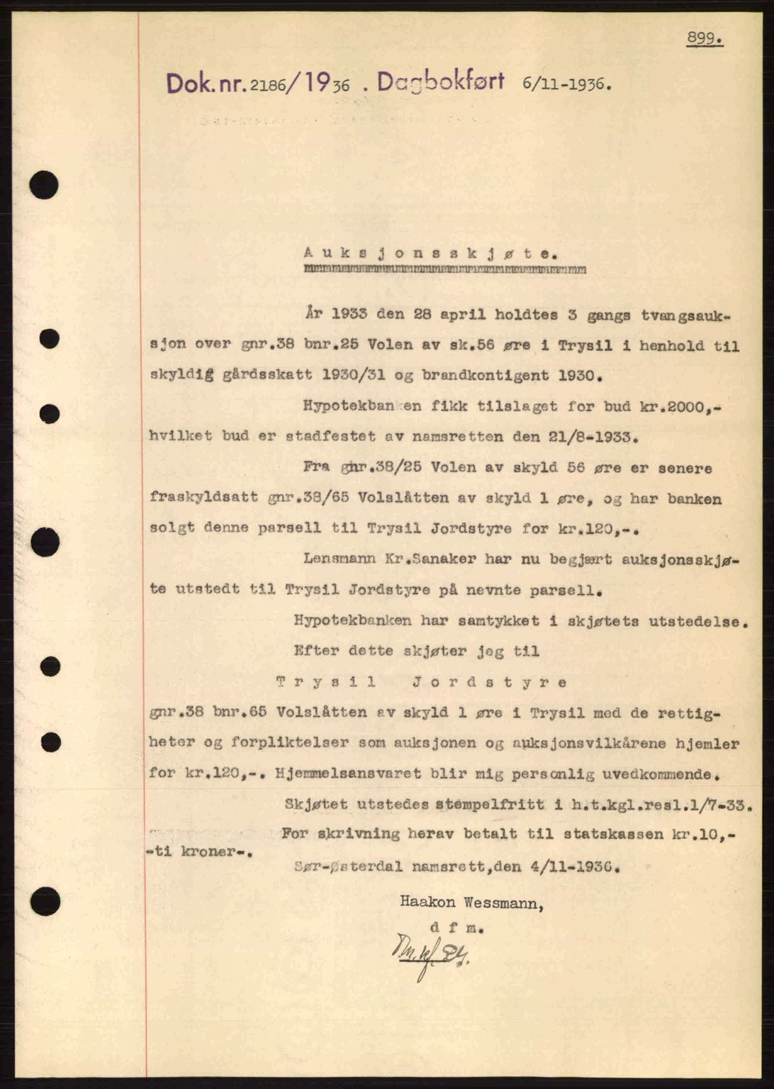 Sør-Østerdal sorenskriveri, SAH/TING-018/H/Hb/Hbb/L0054: Pantebok nr. A54, 1936-1936, Dagboknr: 2186/1936