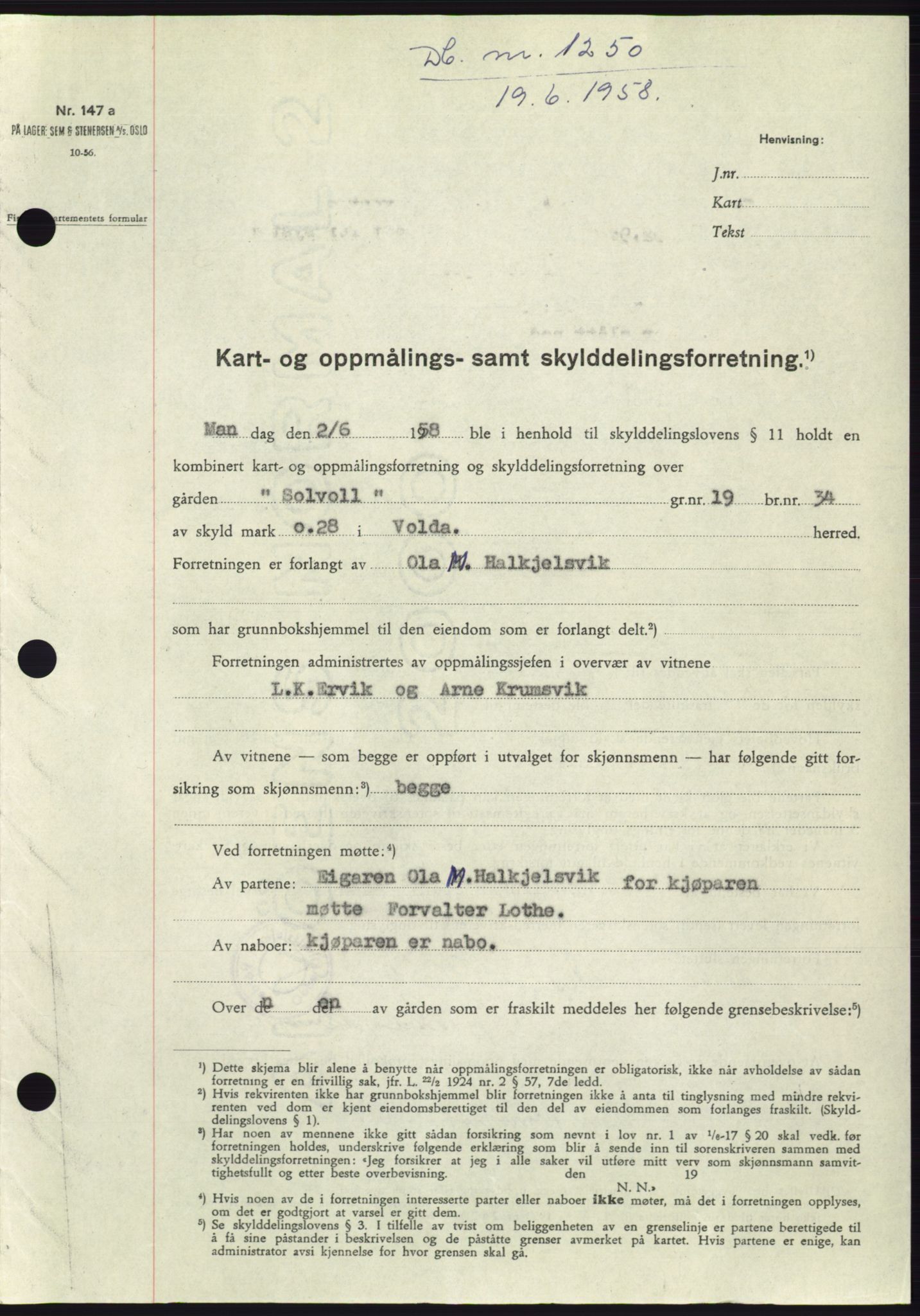 Søre Sunnmøre sorenskriveri, SAT/A-4122/1/2/2C/L0109: Pantebok nr. 35A, 1958-1958, Dagboknr: 1250/1958