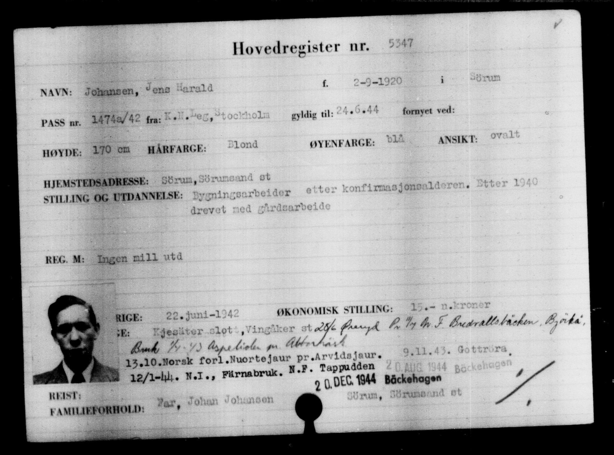 Den Kgl. Norske Legasjons Flyktningskontor, AV/RA-S-6753/V/Va/L0004: Kjesäterkartoteket.  Flyktningenr. 3496-6610, 1940-1945, s. 2133