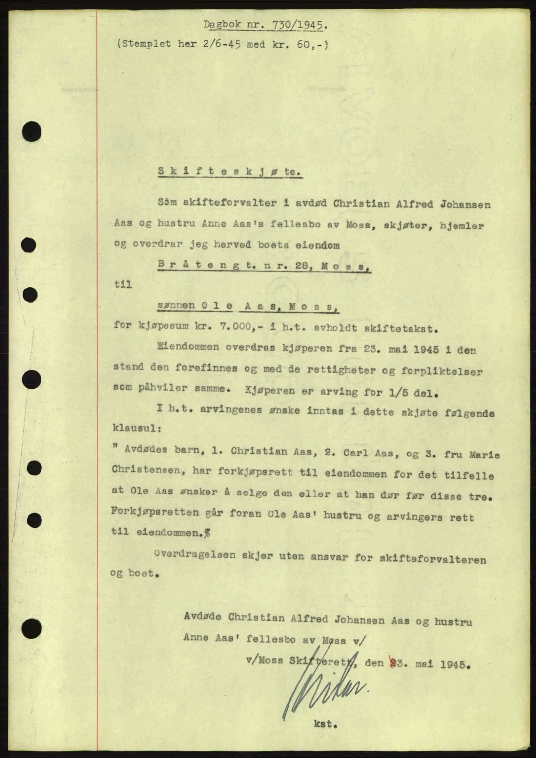 Moss sorenskriveri, SAO/A-10168: Pantebok nr. A13, 1944-1945, Dagboknr: 730/1945