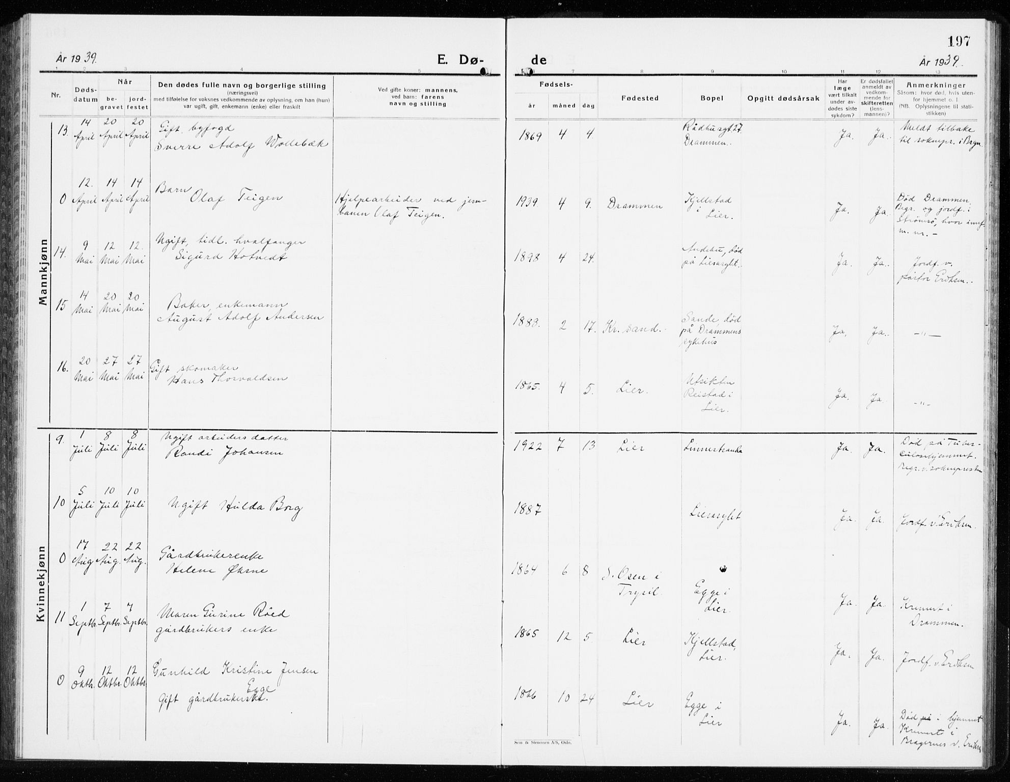 Lier kirkebøker, AV/SAKO-A-230/G/Gb/L0005: Klokkerbok nr. II 5, 1932-1942, s. 197