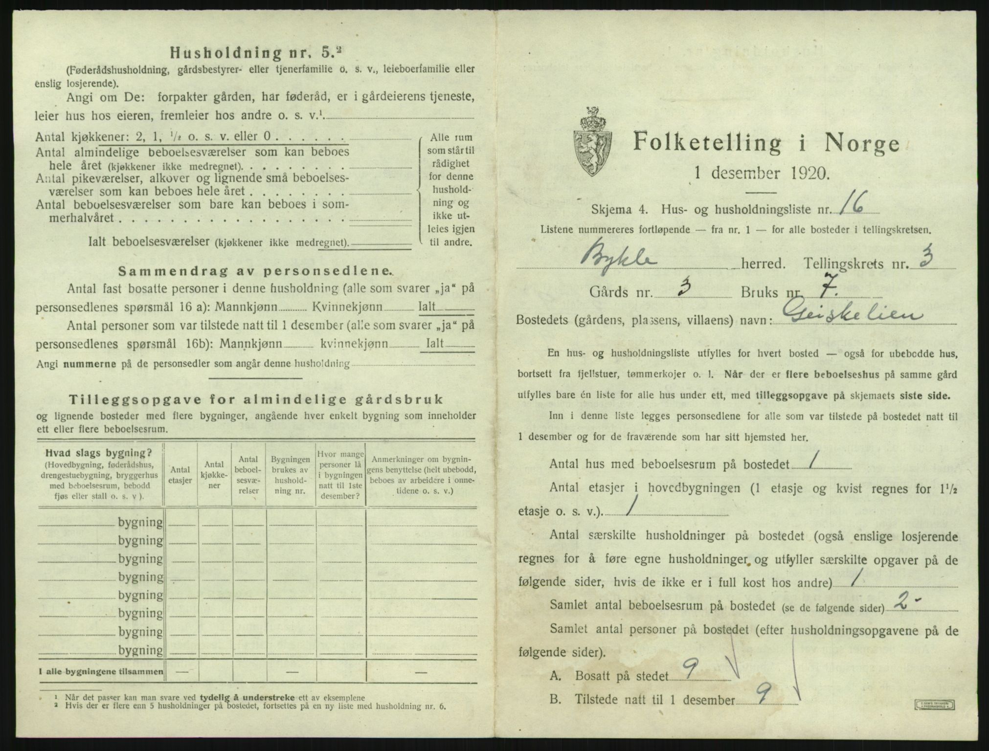 SAK, Folketelling 1920 for 0941 Bykle herred, 1920, s. 193
