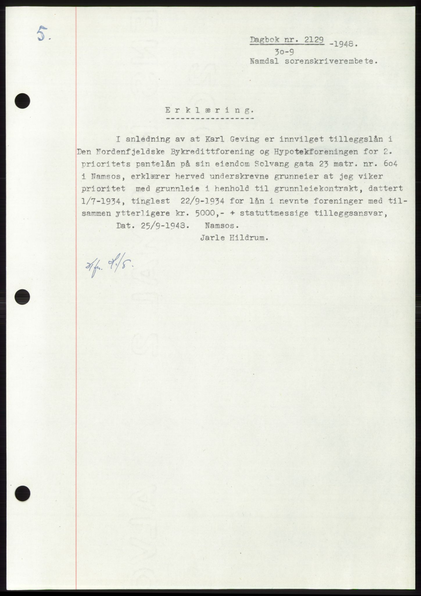 Namdal sorenskriveri, SAT/A-4133/1/2/2C: Pantebok nr. -, 1948-1948, Dagboknr: 2129/1948