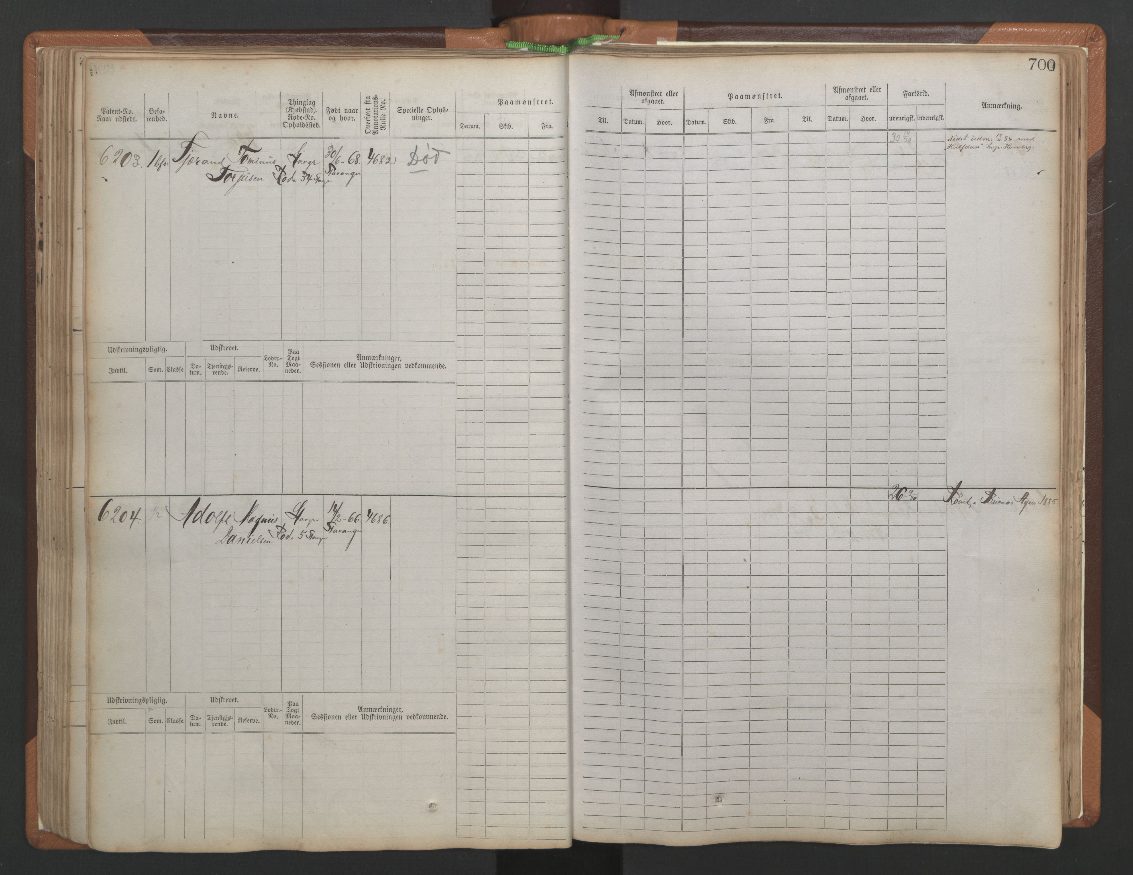 Stavanger sjømannskontor, SAST/A-102006/F/Fb/Fbb/L0010: Sjøfartshovedrulle, patentnr. 6007-6606 (del 1), 1887-1896, s. 104