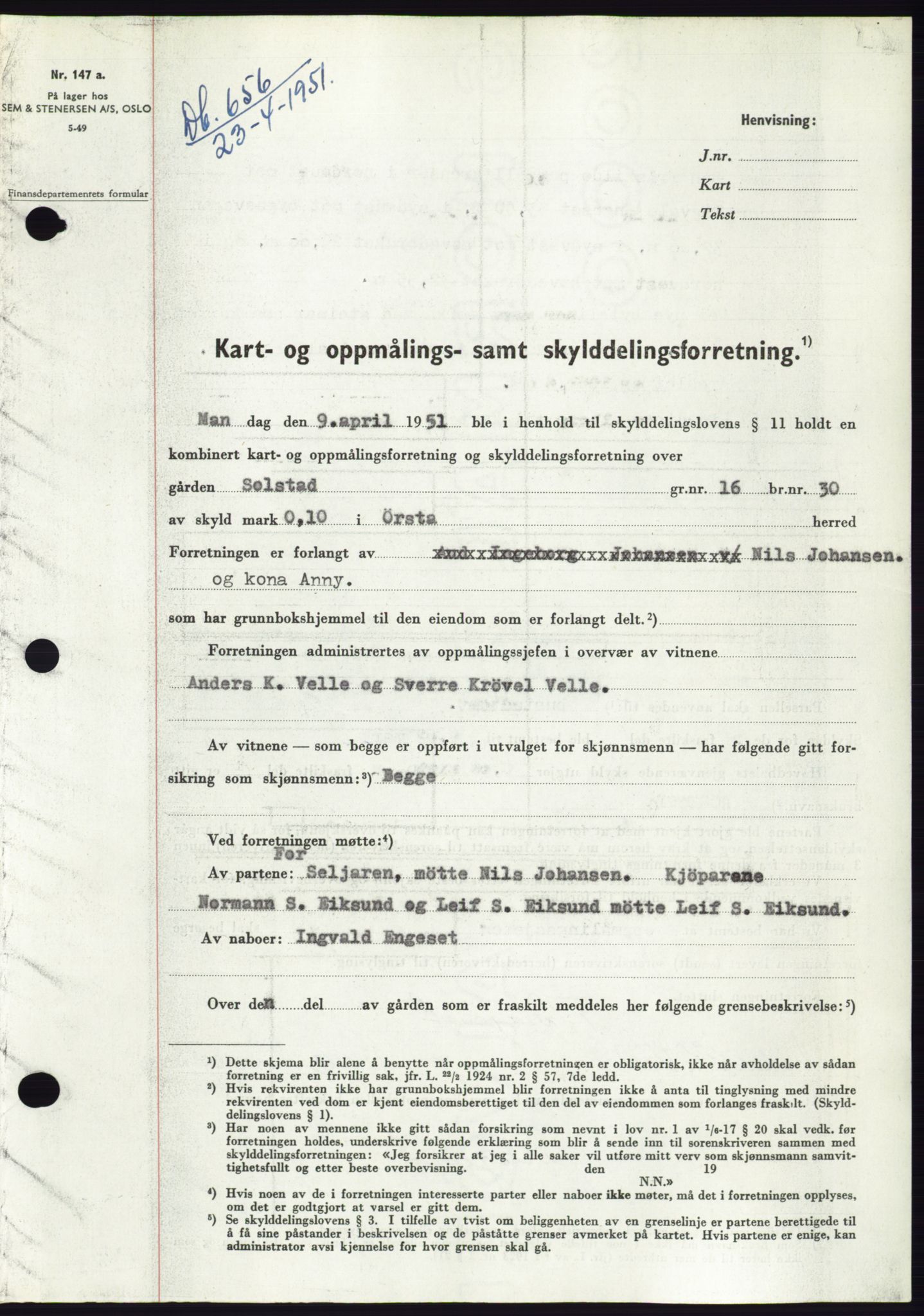 Søre Sunnmøre sorenskriveri, SAT/A-4122/1/2/2C/L0089: Pantebok nr. 15A, 1951-1951, Dagboknr: 656/1951