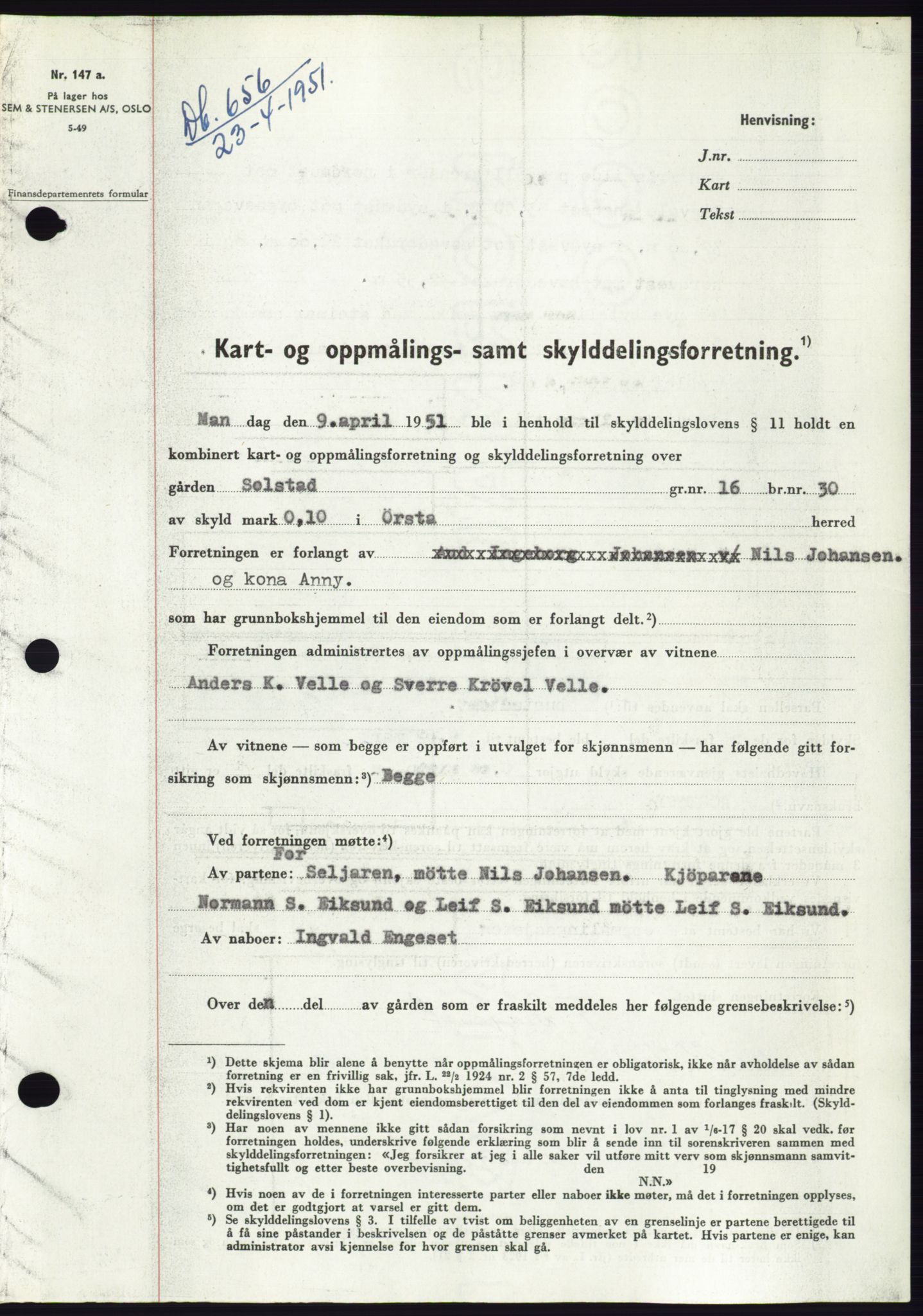 Søre Sunnmøre sorenskriveri, AV/SAT-A-4122/1/2/2C/L0089: Pantebok nr. 15A, 1951-1951, Dagboknr: 656/1951