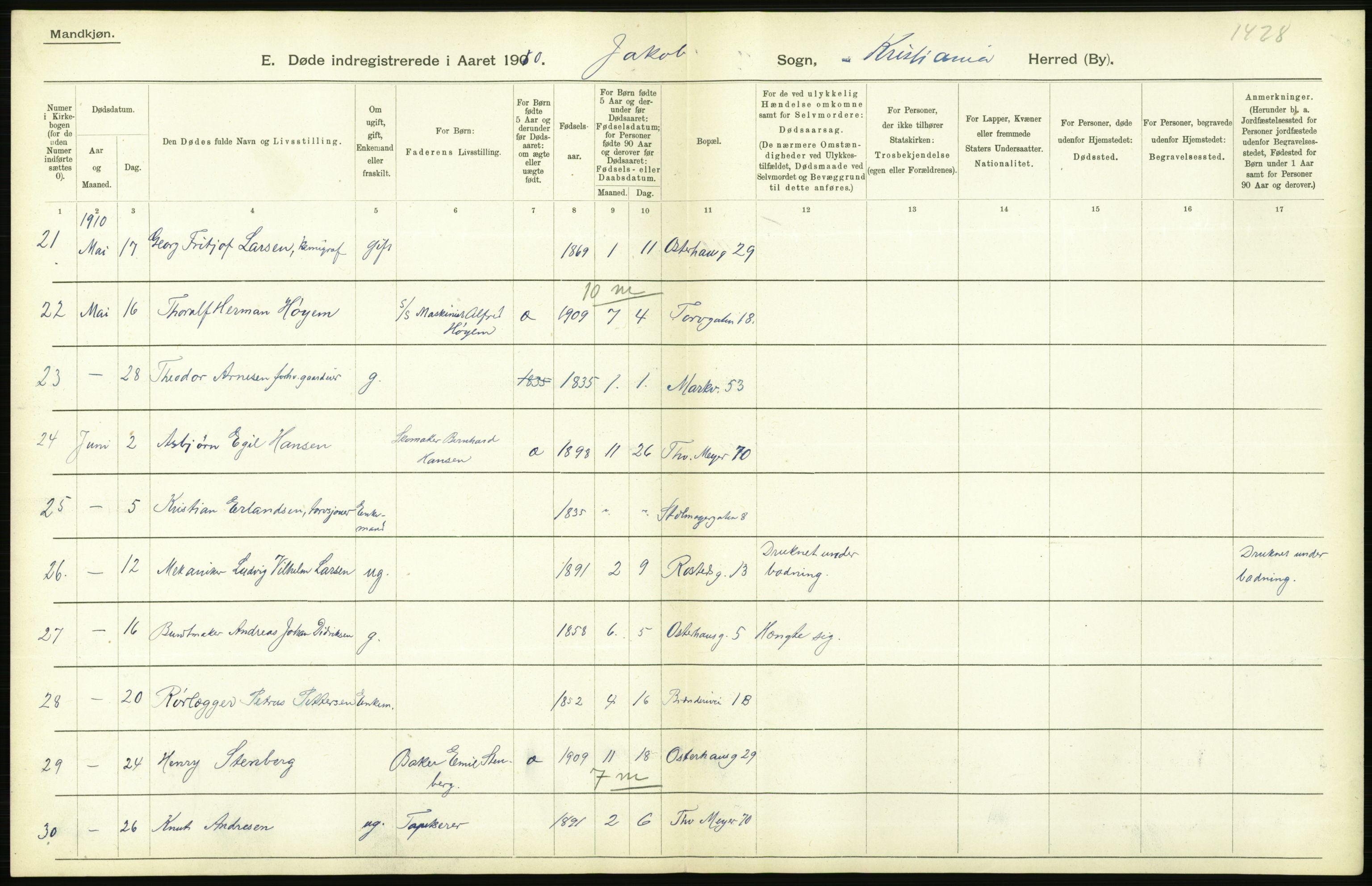 Statistisk sentralbyrå, Sosiodemografiske emner, Befolkning, RA/S-2228/D/Df/Dfa/Dfah/L0008: Kristiania: Døde, 1910, s. 546