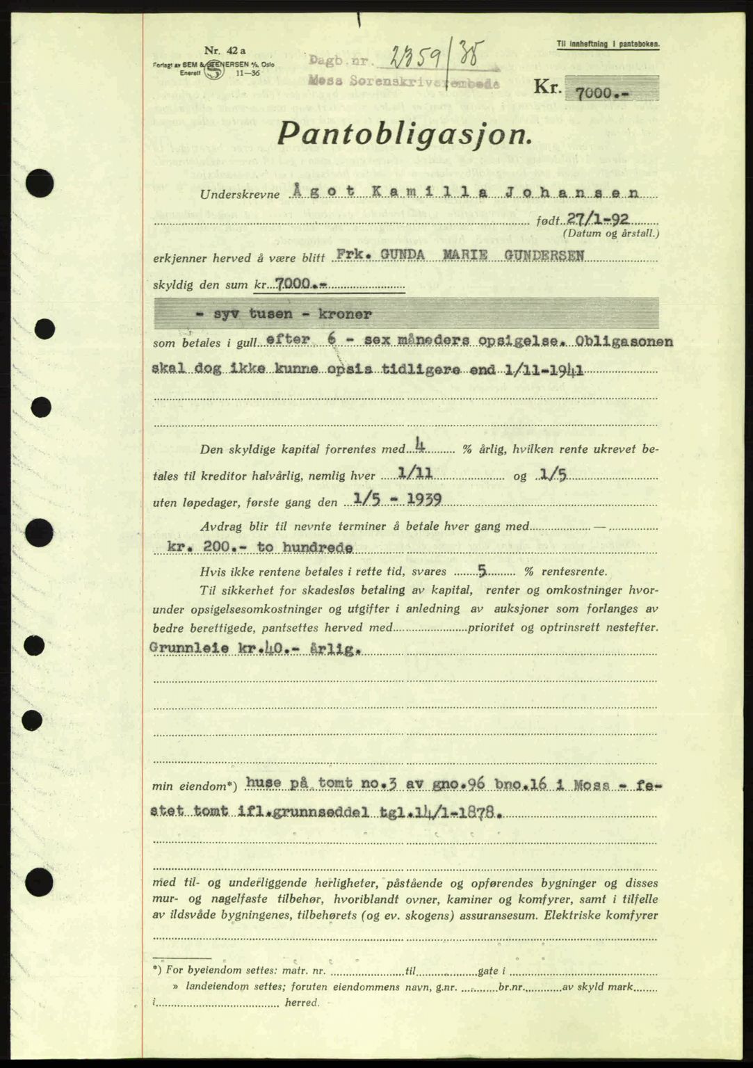 Moss sorenskriveri, SAO/A-10168: Pantebok nr. B6, 1938-1938, Dagboknr: 2359/1938