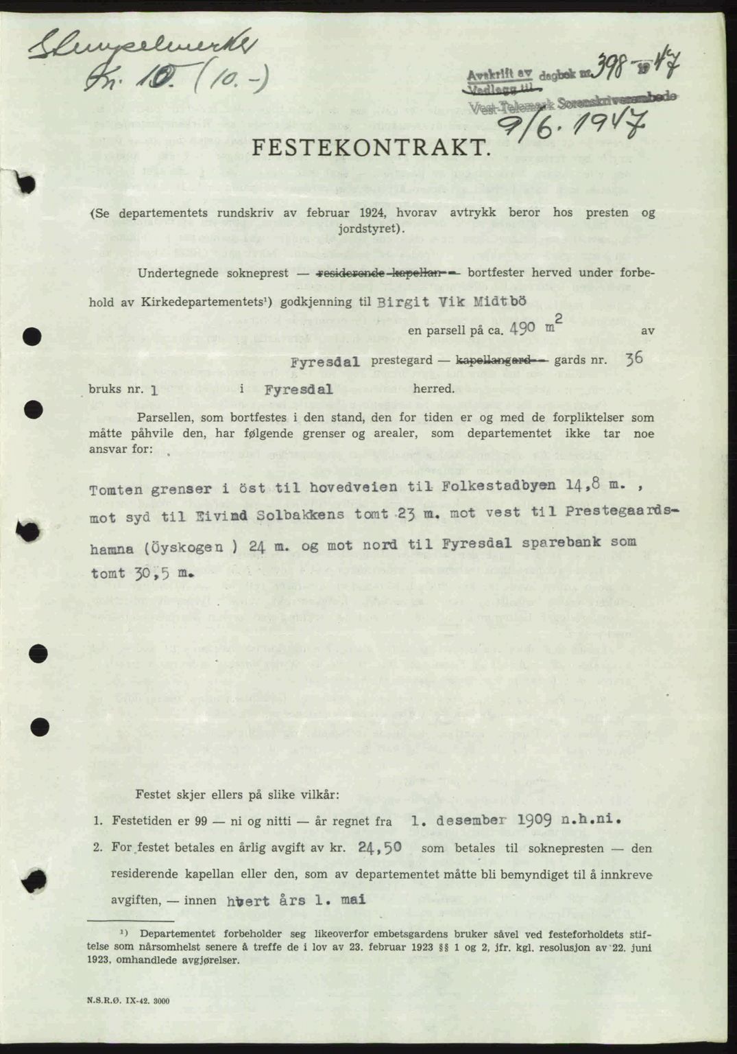 Vest-Telemark sorenskriveri, SAKO/A-134/G/Ga/Gac/L0008: Pantebok nr. A-8, 1947-1948, Dagboknr: 398/1947