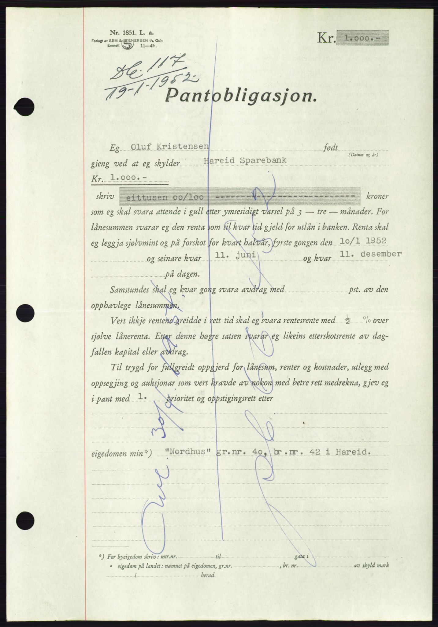 Søre Sunnmøre sorenskriveri, AV/SAT-A-4122/1/2/2C/L0121: Pantebok nr. 9B, 1951-1952, Dagboknr: 117/1952