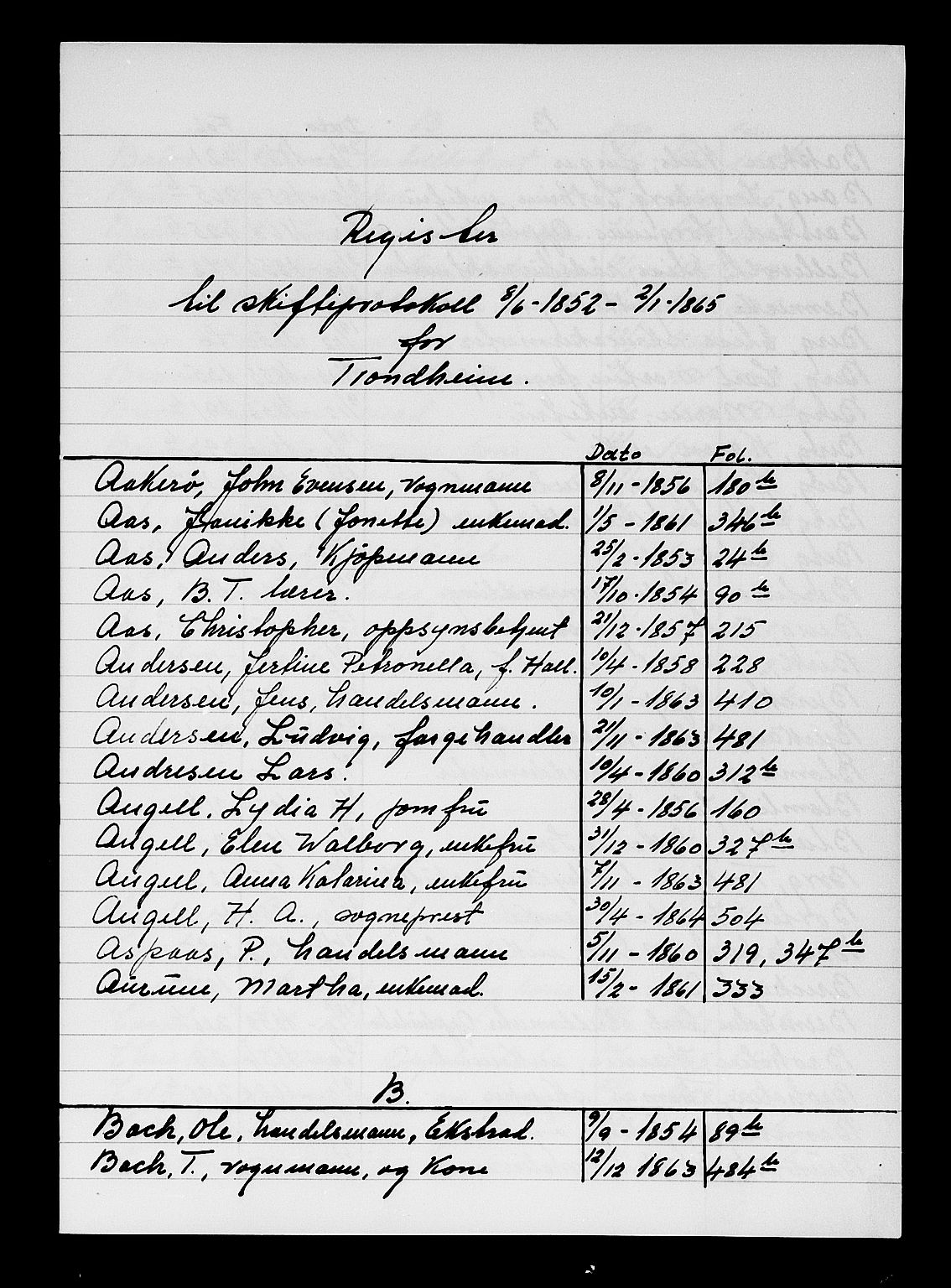 Trondheim byfogd, AV/SAT-A-0003/1/3/3A/L0030: Skifteslutningsprotokoll - 8/6-2/1. (m/ register), 1852-1865