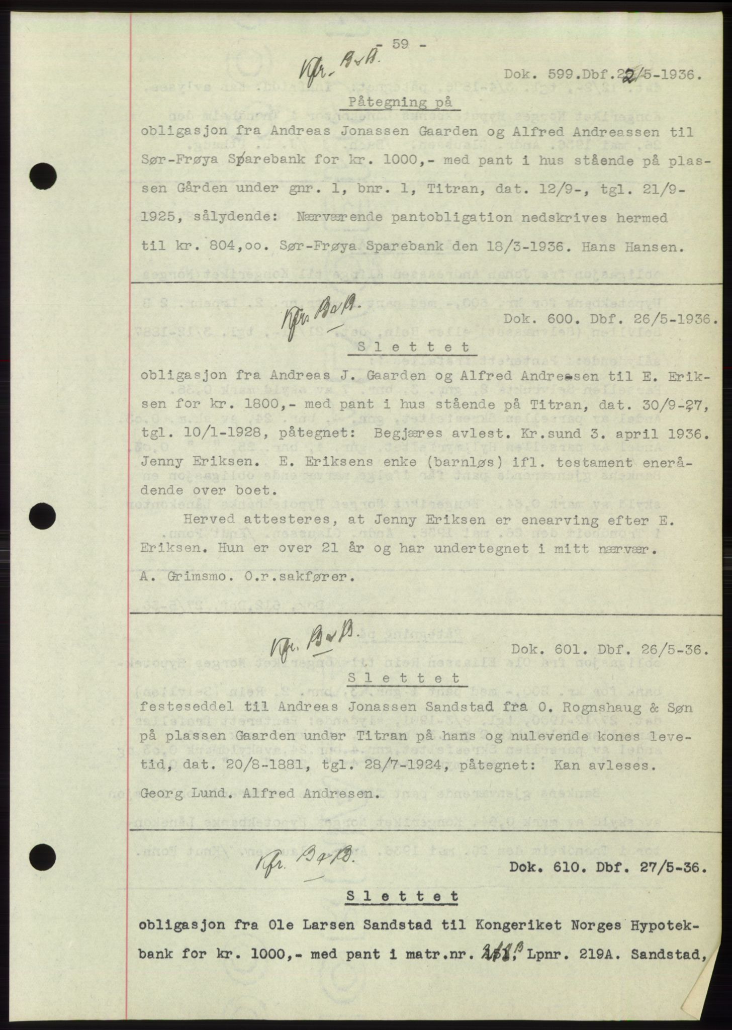 Hitra sorenskriveri, AV/SAT-A-0018/2/2C/2Ca: Pantebok nr. C1, 1936-1945, Dagboknr: 599/1936