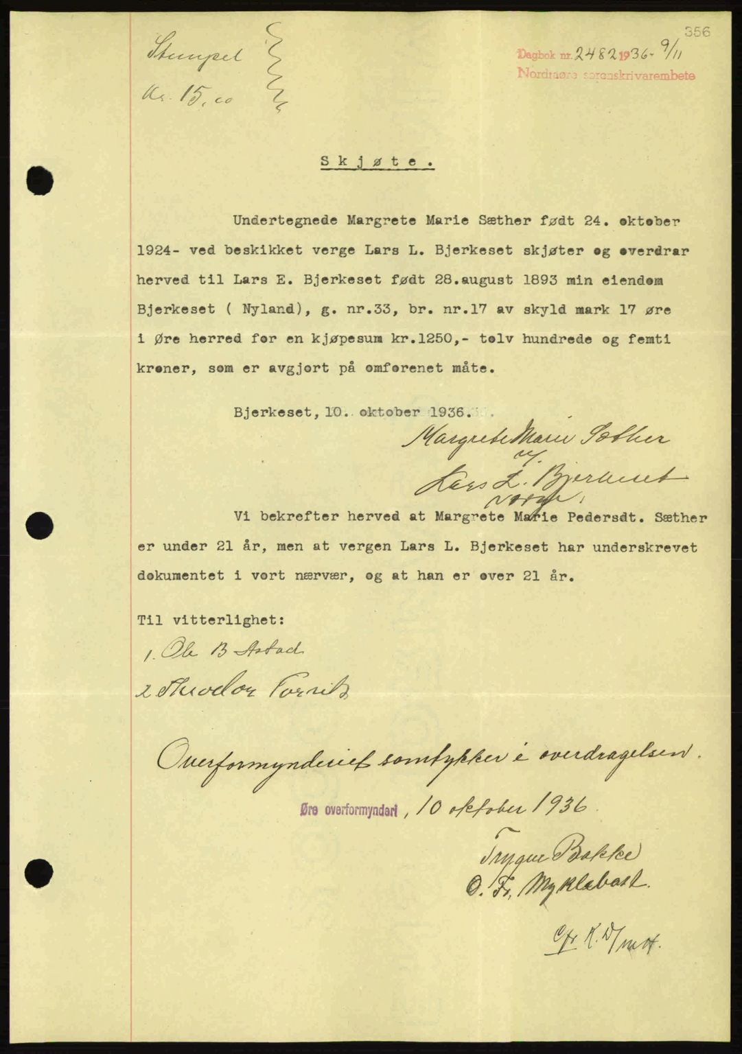 Nordmøre sorenskriveri, SAT/A-4132/1/2/2Ca: Pantebok nr. A80, 1936-1937, Dagboknr: 2482/1936