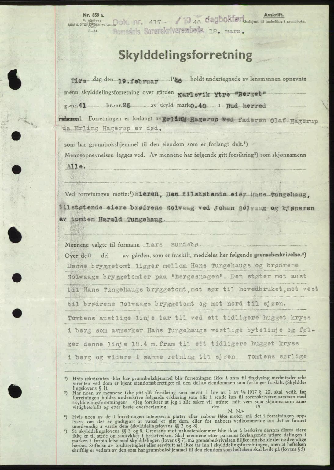 Romsdal sorenskriveri, SAT/A-4149/1/2/2C: Pantebok nr. A19, 1946-1946, Dagboknr: 417/1946