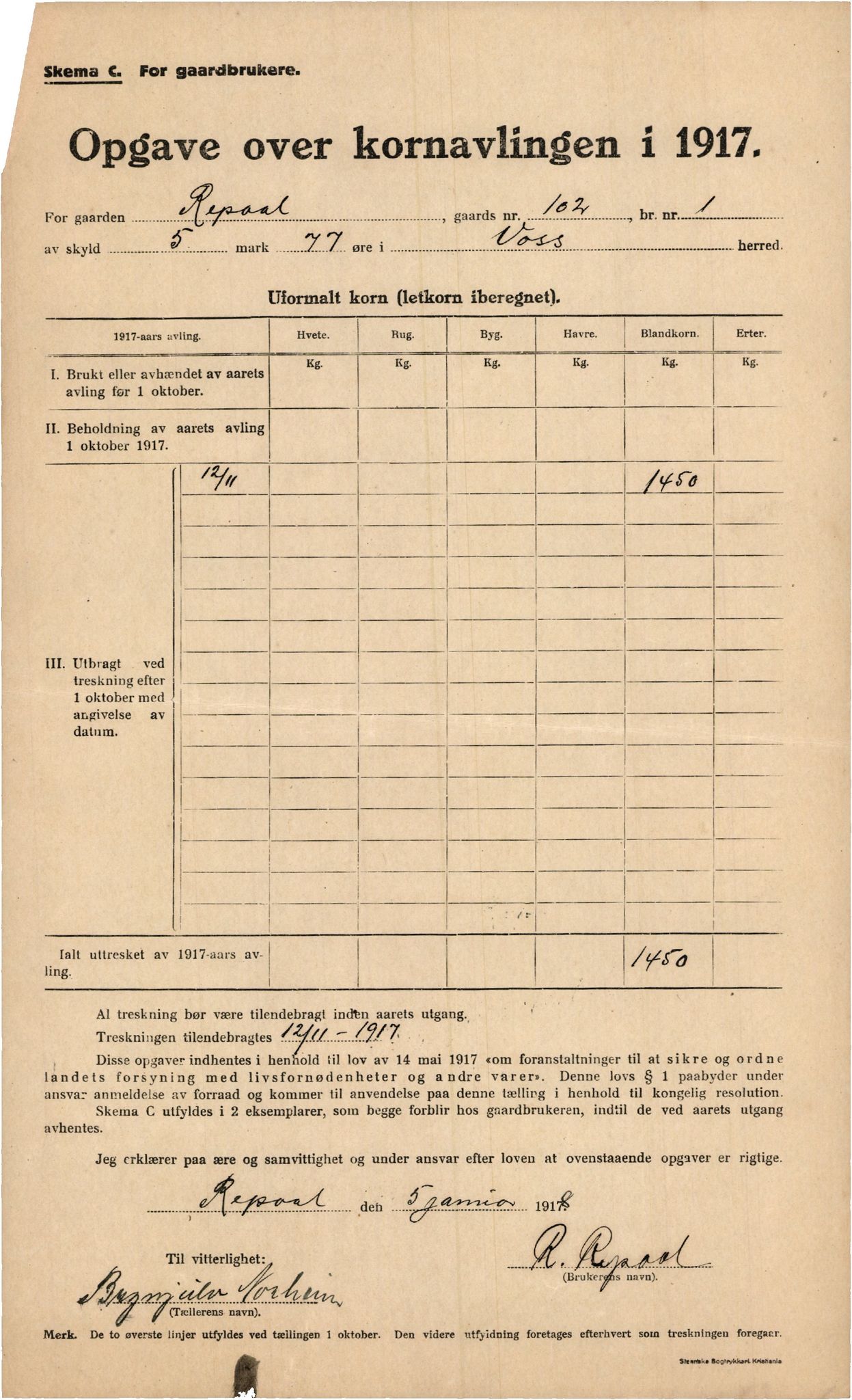 Voss kommune. Provianteringsrådet, IKAH/1235-840/F/Fa/L0001/0005: Kornteljinga. Oppgåve over gardbrukarar / Kornteljinga gnr. 100 Tøn – gnr. 140 Skiple , 1917