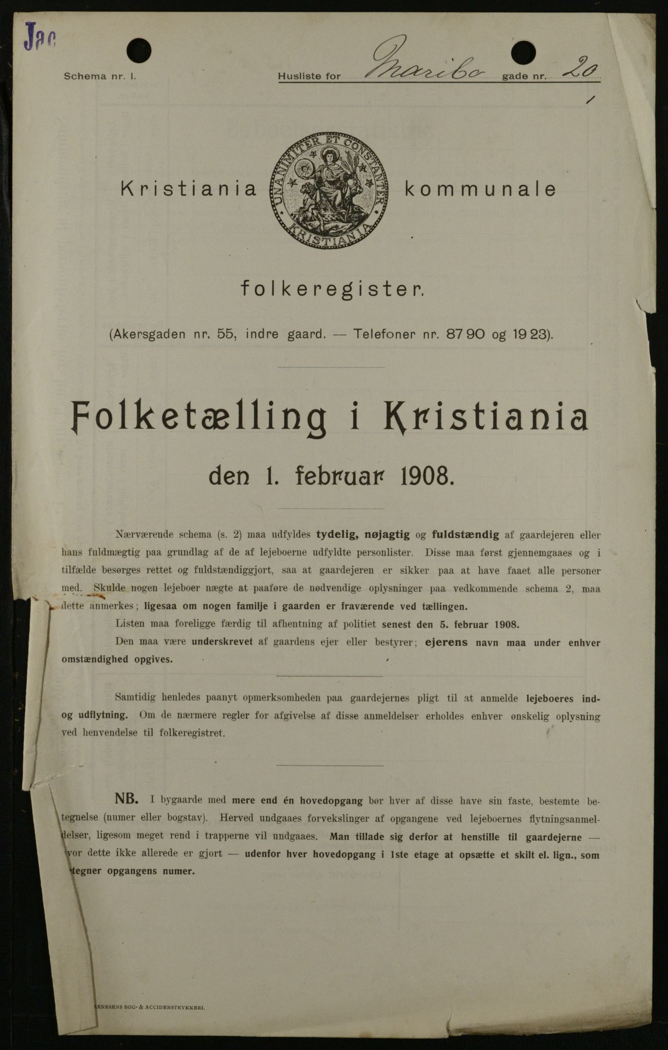 OBA, Kommunal folketelling 1.2.1908 for Kristiania kjøpstad, 1908, s. 54267