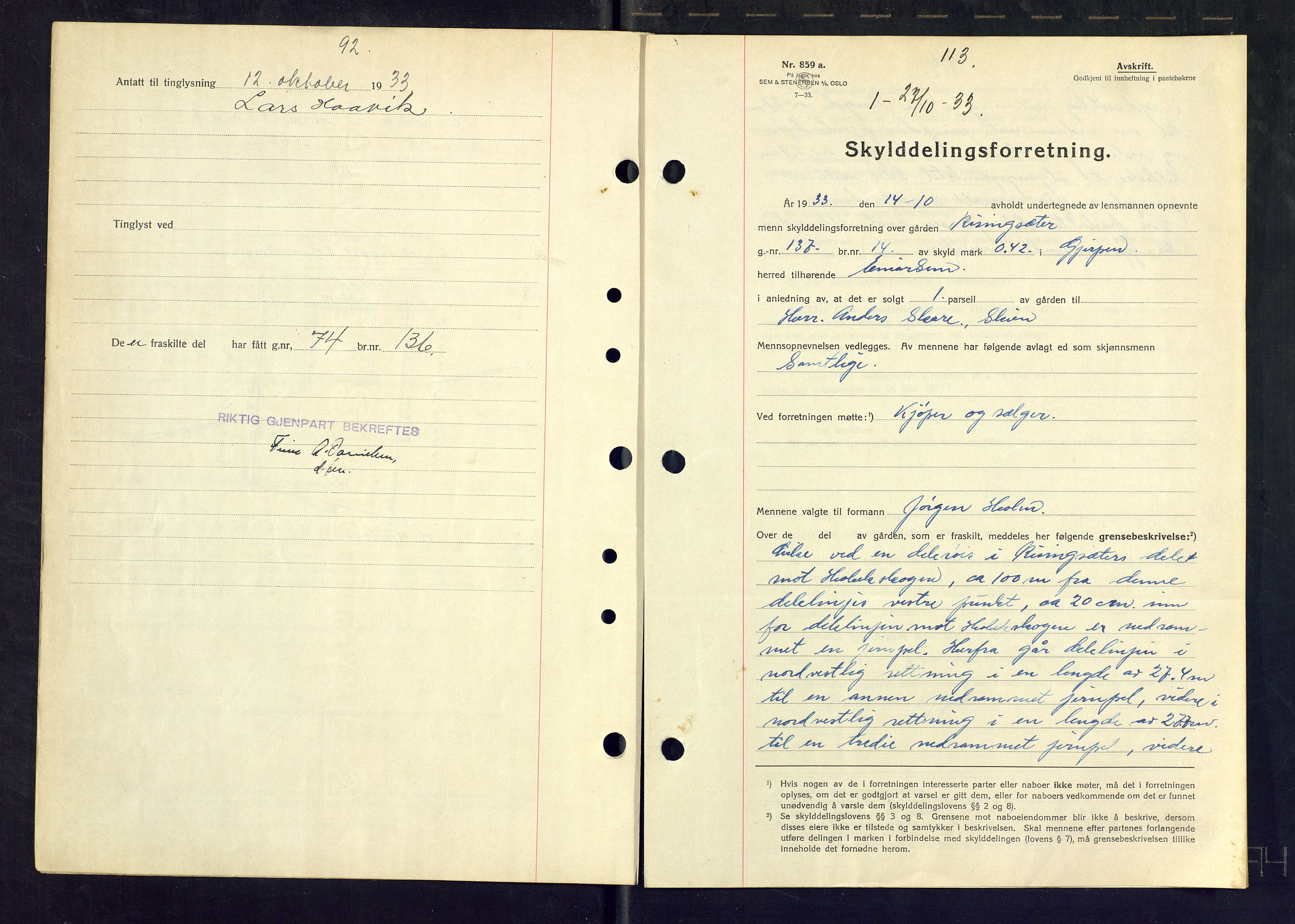 Gjerpen sorenskriveri, SAKO/A-216/G/Ga/Gaa/L0059: Pantebok nr. I 59-60 og 62, 1932-1934, Tingl.dato: 27.10.1933