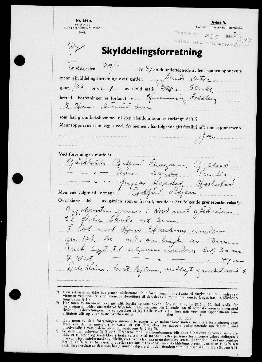 Holmestrand sorenskriveri, SAKO/A-67/G/Ga/Gaa/L0062: Pantebok nr. A-62, 1947-1947, Dagboknr: 925/1947