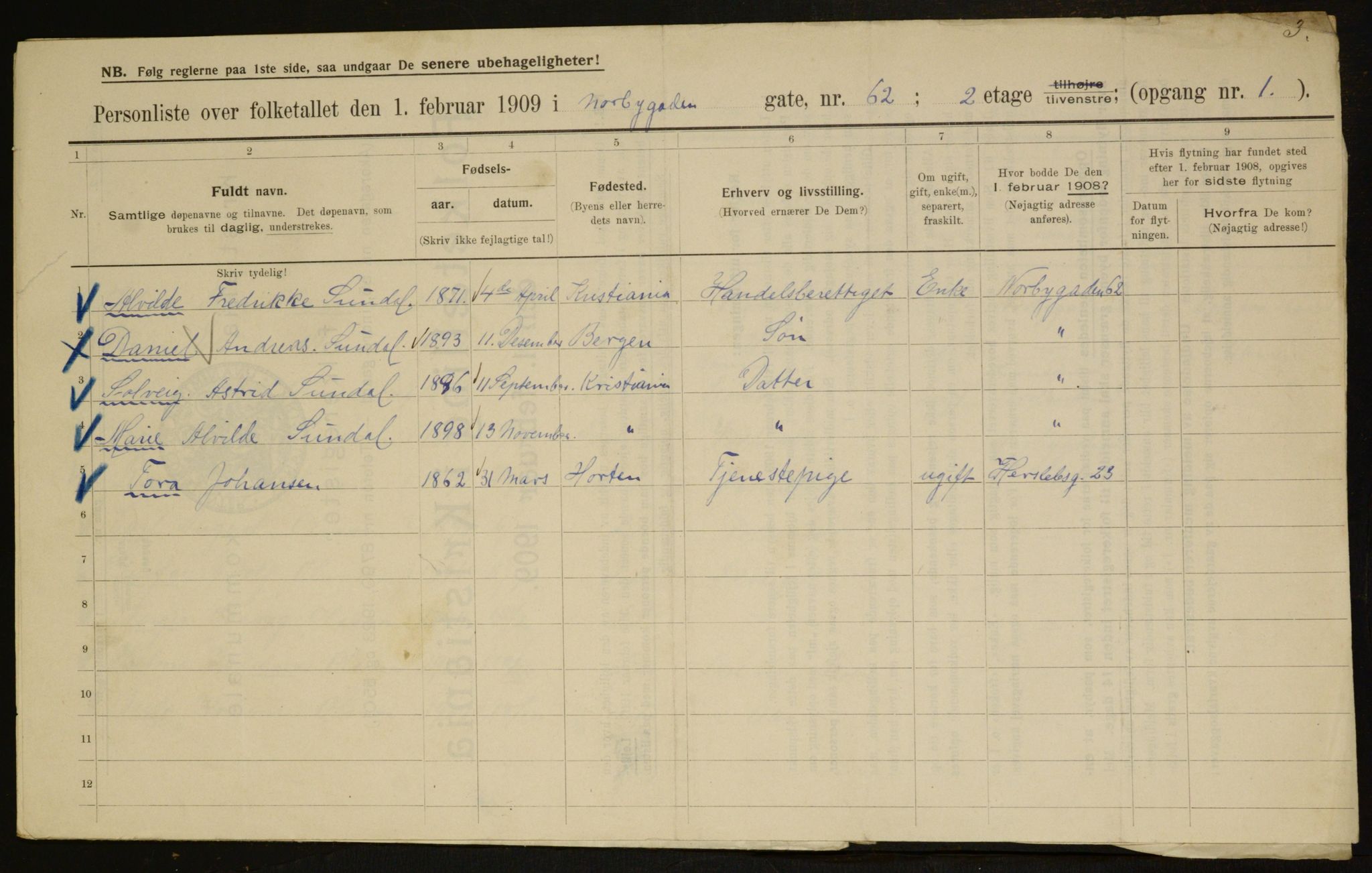 OBA, Kommunal folketelling 1.2.1909 for Kristiania kjøpstad, 1909, s. 65322