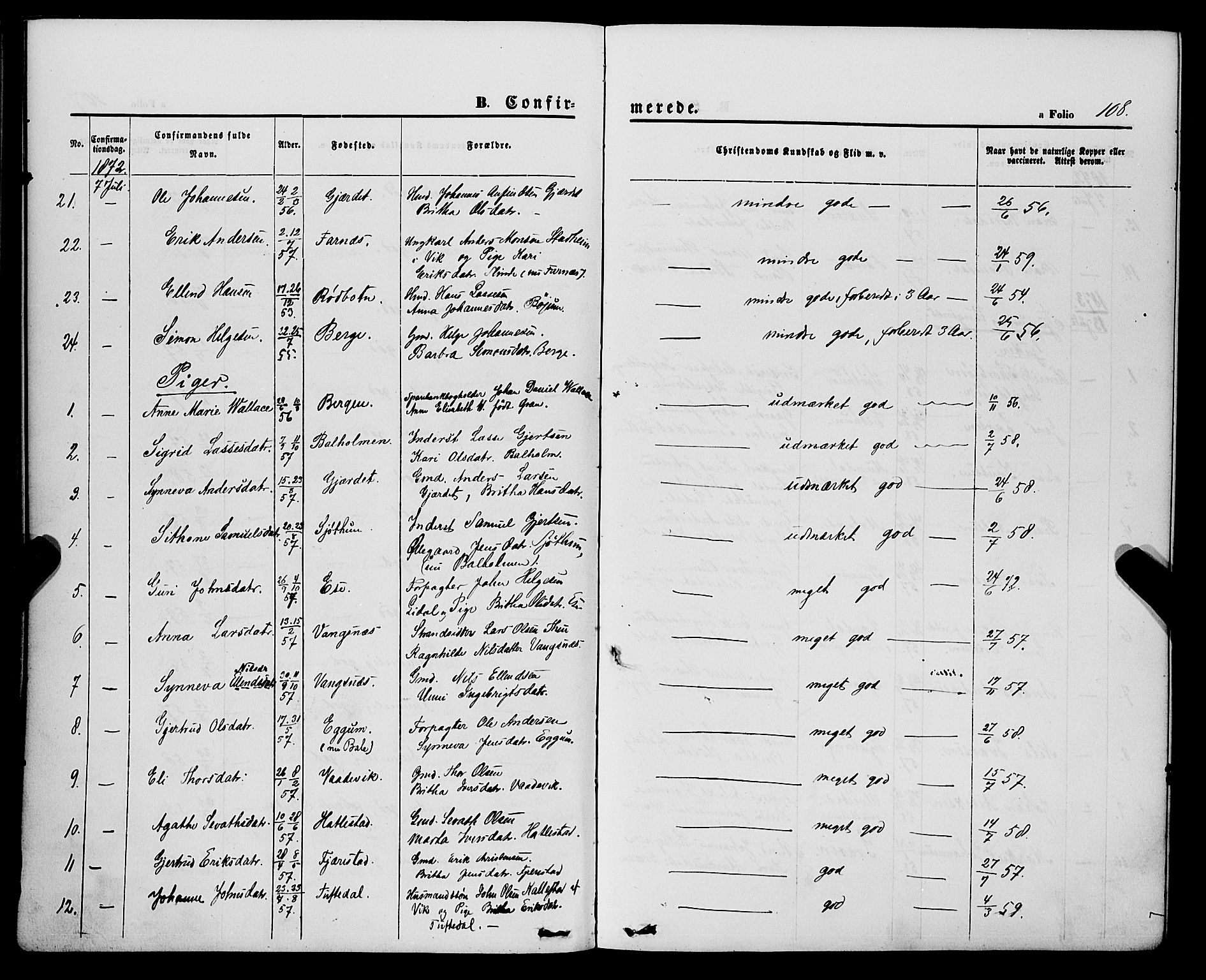 Balestrand sokneprestembete, AV/SAB-A-79601/H/Haa/Haaa/L0003: Ministerialbok nr. A 3, 1867-1878, s. 108