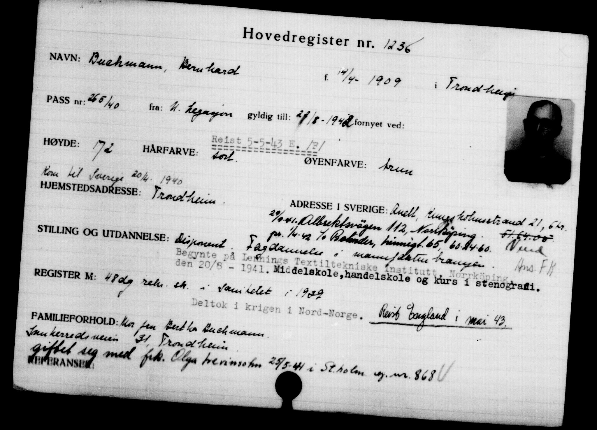 Utenriksstasjonene, Legasjonen i Stockholm, Flyktningkontoret, AV/RA-S-6753/V/Va/L0002: Kjesäterkartoteket, flyktninger med registreringsnr. 1001-2000, 1940-1945, s. 353