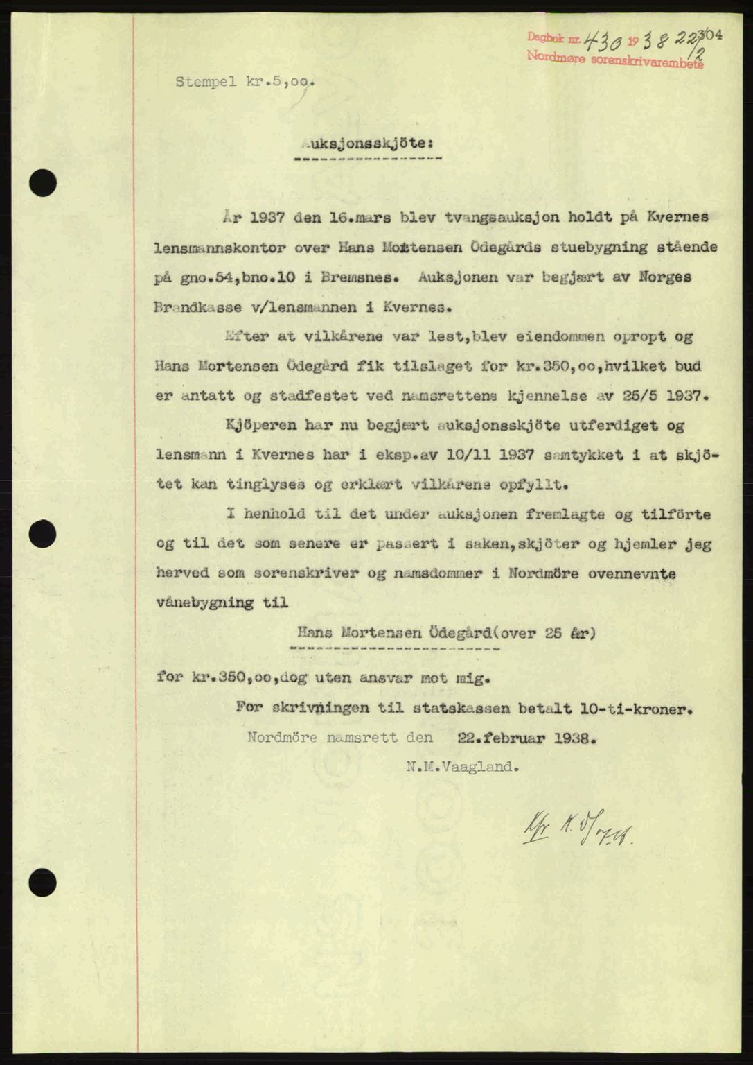 Nordmøre sorenskriveri, SAT/A-4132/1/2/2Ca: Pantebok nr. A83, 1938-1938, Dagboknr: 430/1938