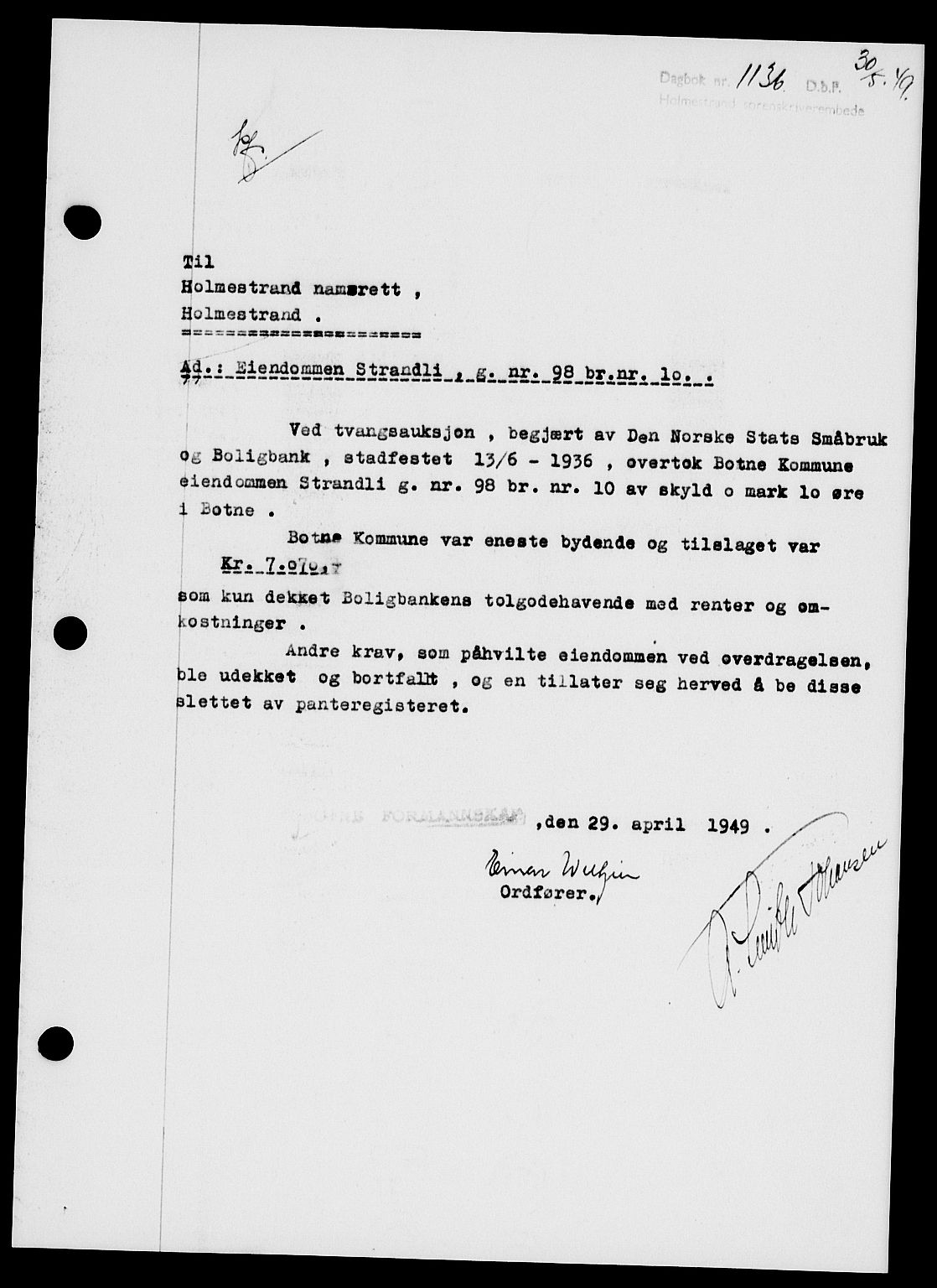 Holmestrand sorenskriveri, SAKO/A-67/G/Ga/Gaa/L0066: Pantebok nr. A-66, 1949-1949, Dagboknr: 1136/1949