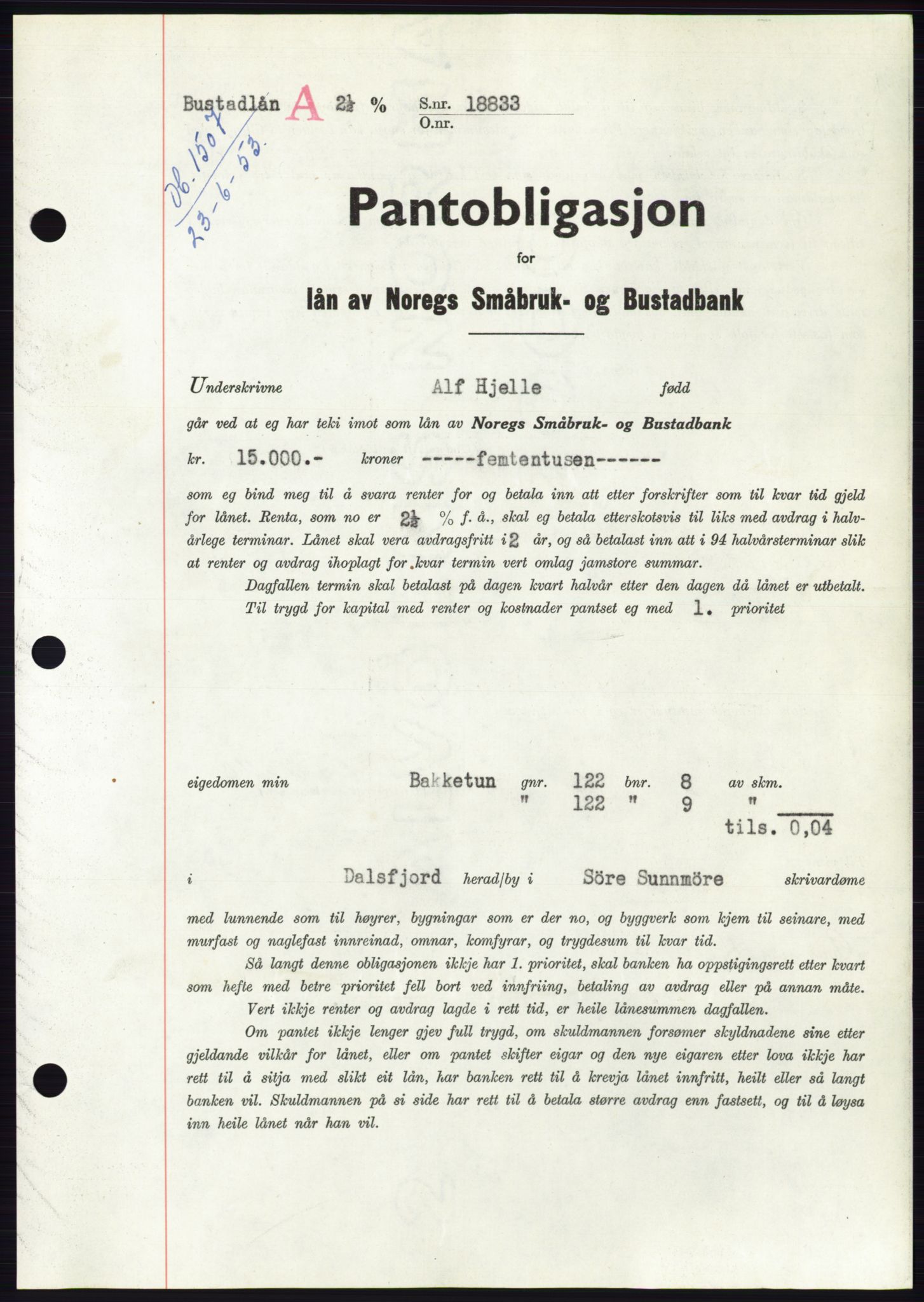 Søre Sunnmøre sorenskriveri, SAT/A-4122/1/2/2C/L0123: Pantebok nr. 11B, 1953-1953, Dagboknr: 1507/1953