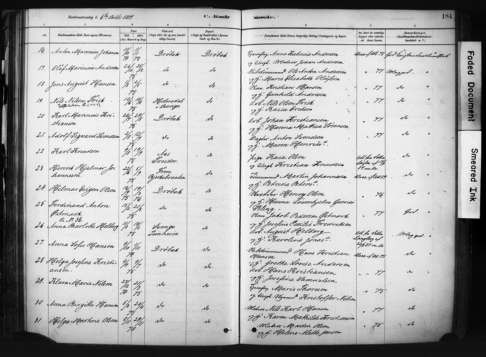 Drøbak prestekontor Kirkebøker, AV/SAO-A-10142a/F/Fb/L0001: Ministerialbok nr. II 1, 1878-1891, s. 184