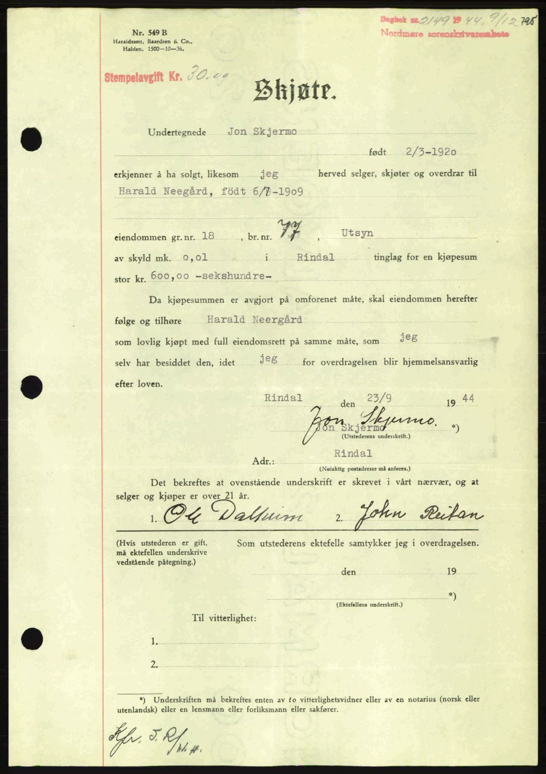 Nordmøre sorenskriveri, SAT/A-4132/1/2/2Ca: Pantebok nr. A98, 1944-1944, Dagboknr: 2149/1944