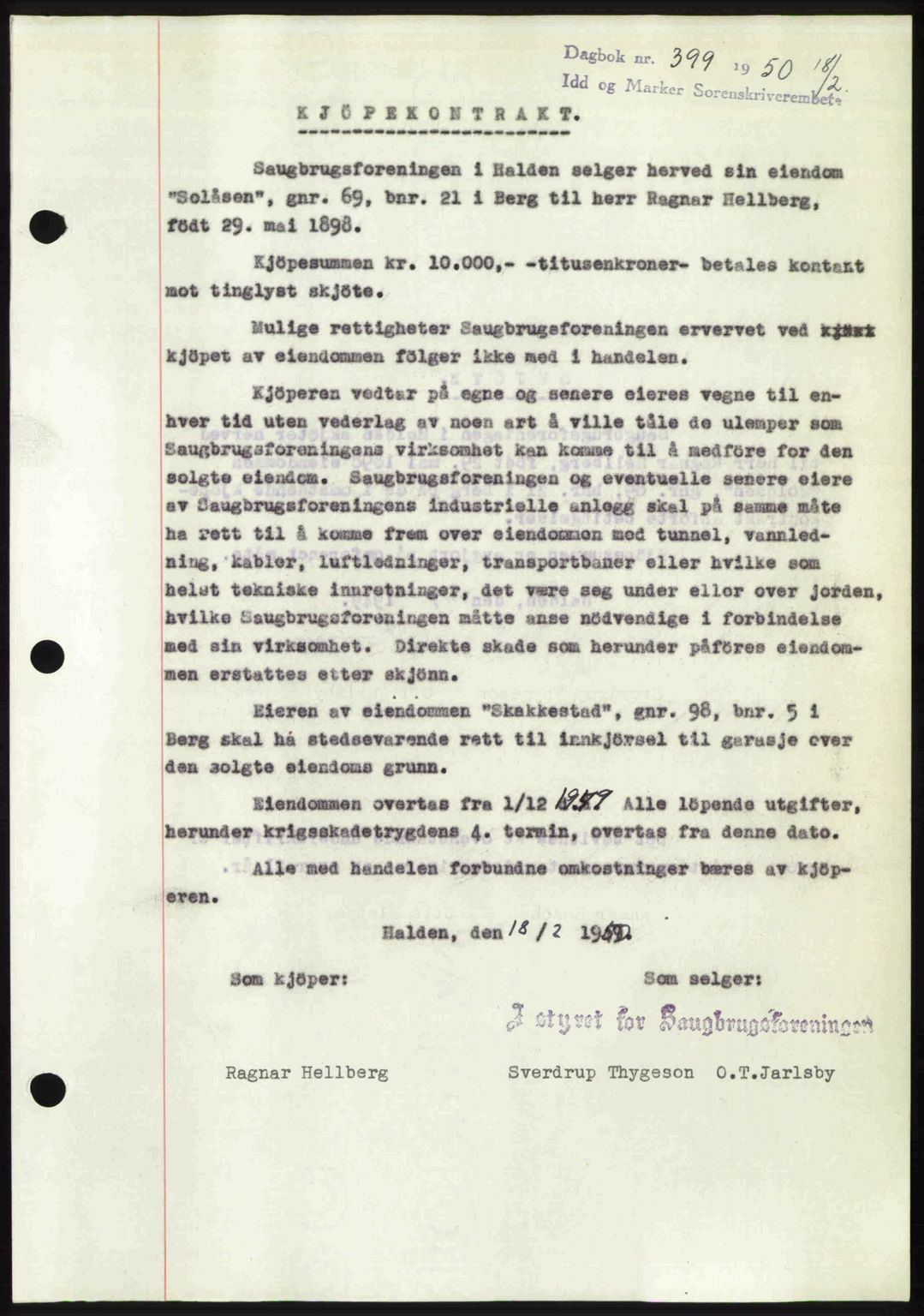 Idd og Marker sorenskriveri, AV/SAO-A-10283/G/Gb/Gbb/L0014: Pantebok nr. A14, 1950-1950, Dagboknr: 399/1950