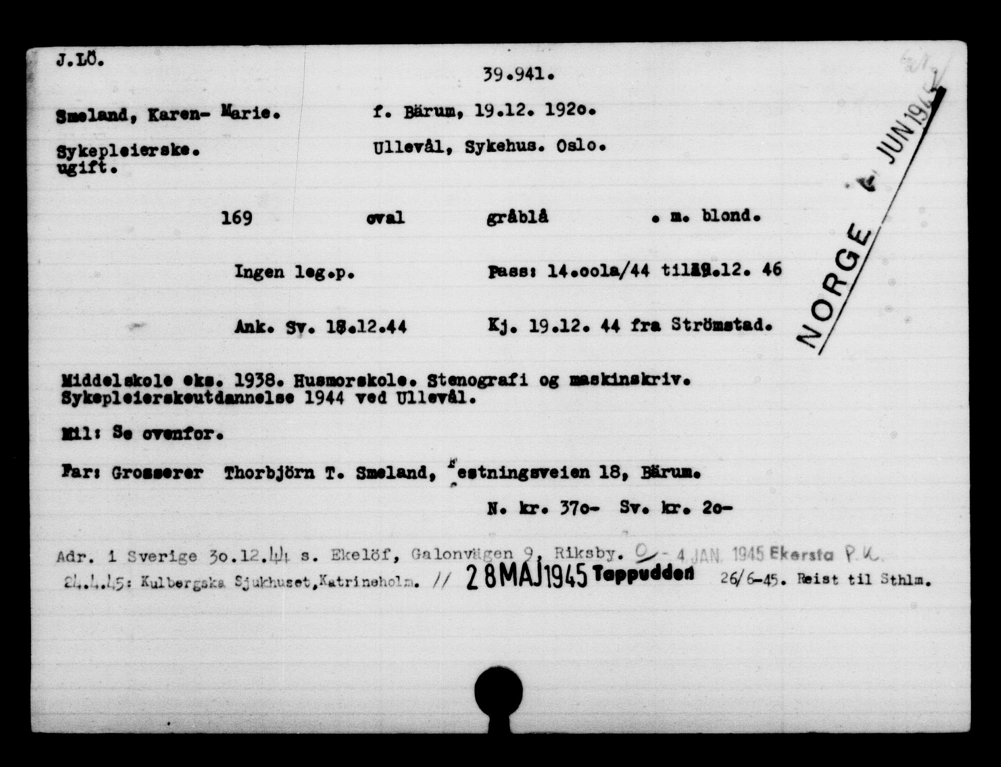 Utenriksstasjonene, Legasjonen i Stockholm, Flyktningkontoret, AV/RA-S-6753/V/Va/L0015: Kjesäterkartoteket, flyktninger med registreringsnr. 37800-40770, 1940-1945, s. 2211