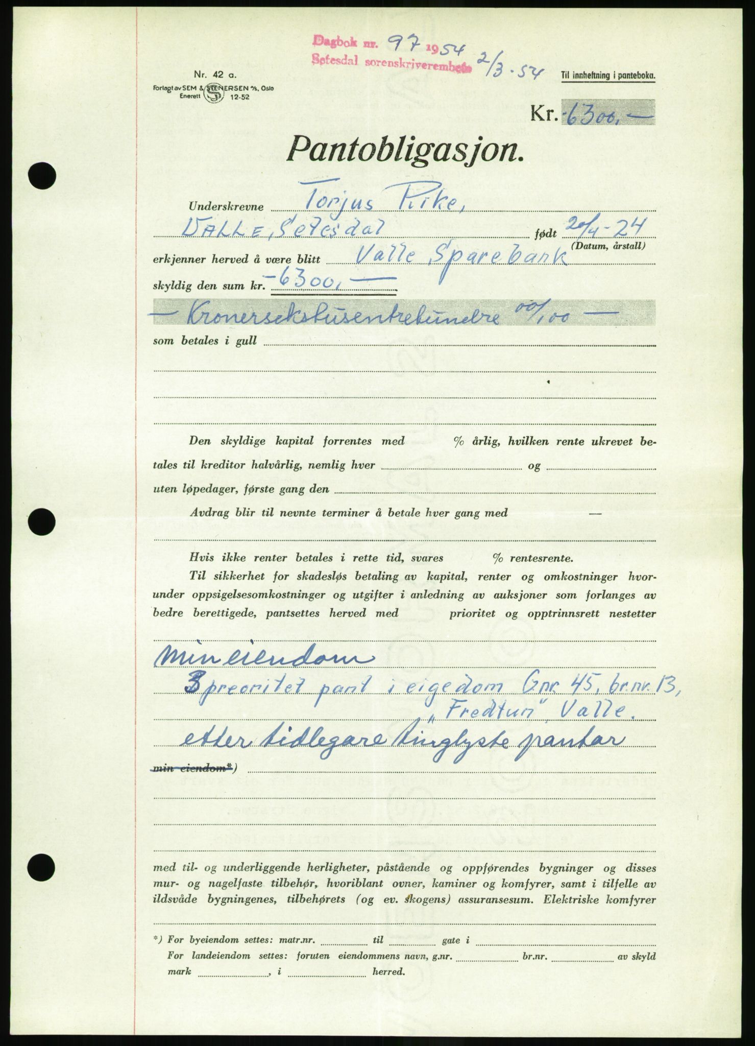 Setesdal sorenskriveri, SAK/1221-0011/G/Gb/L0052: Pantebok nr. B 40, 1954-1955, Dagboknr: 97/1954