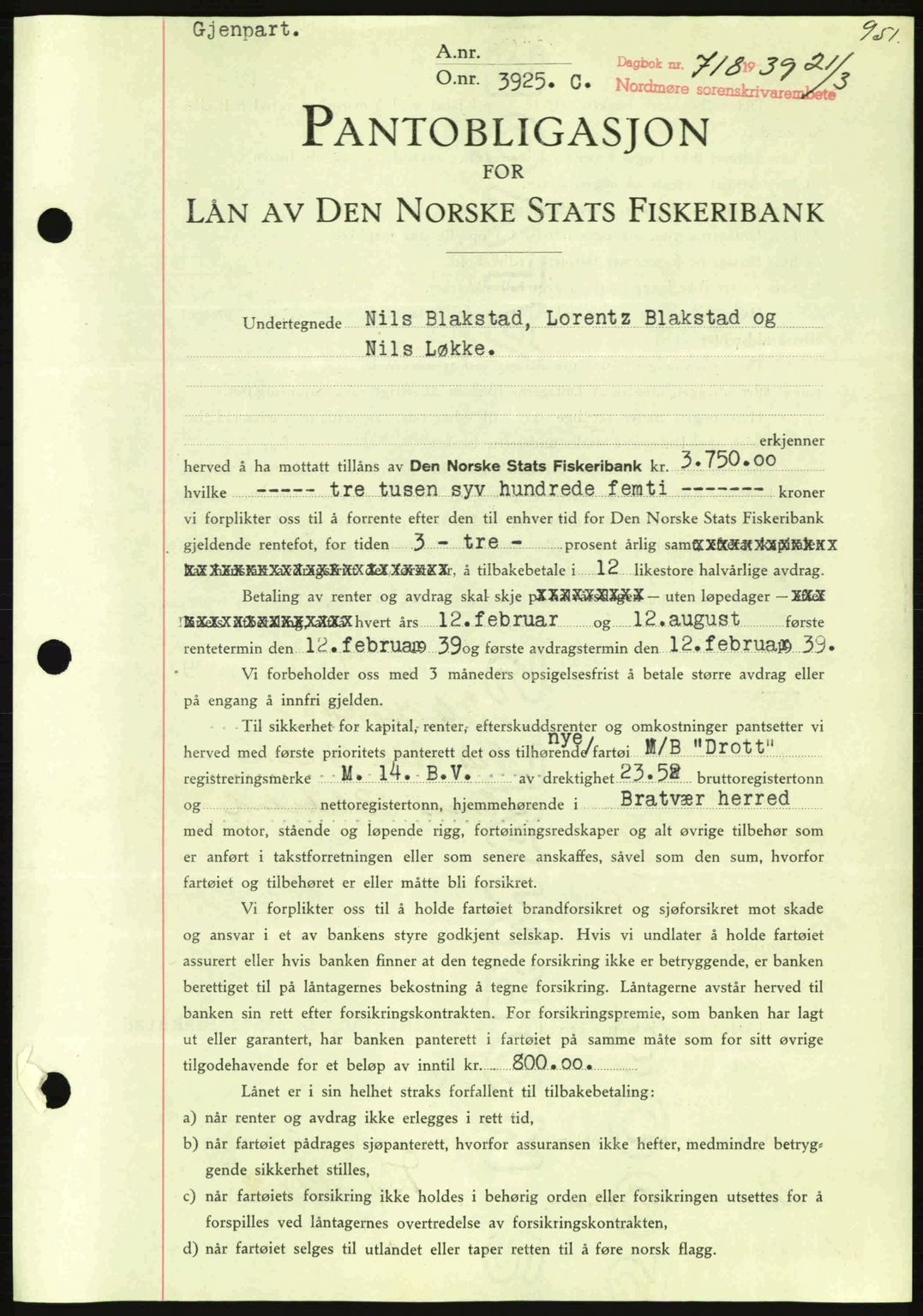 Nordmøre sorenskriveri, SAT/A-4132/1/2/2Ca: Pantebok nr. B84, 1938-1939, Dagboknr: 718/1939