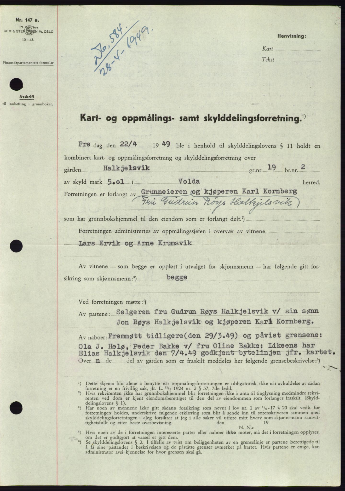 Søre Sunnmøre sorenskriveri, AV/SAT-A-4122/1/2/2C/L0084: Pantebok nr. 10A, 1949-1949, Dagboknr: 584/1949