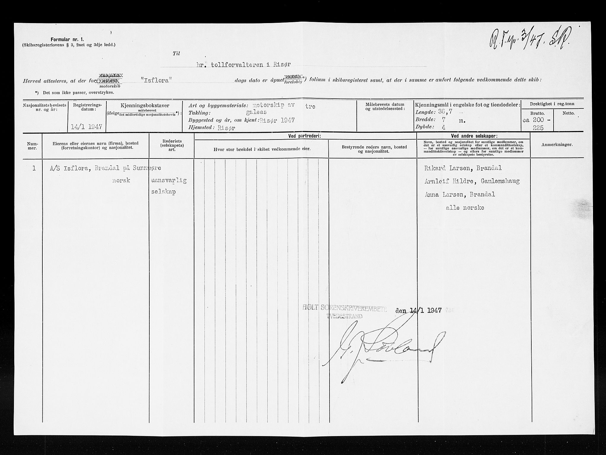 Risør tollsted, SAK/1351-0010/H/Ha/L0320: Skipsregisteret. Journalsaker, 1861-1957, s. 457