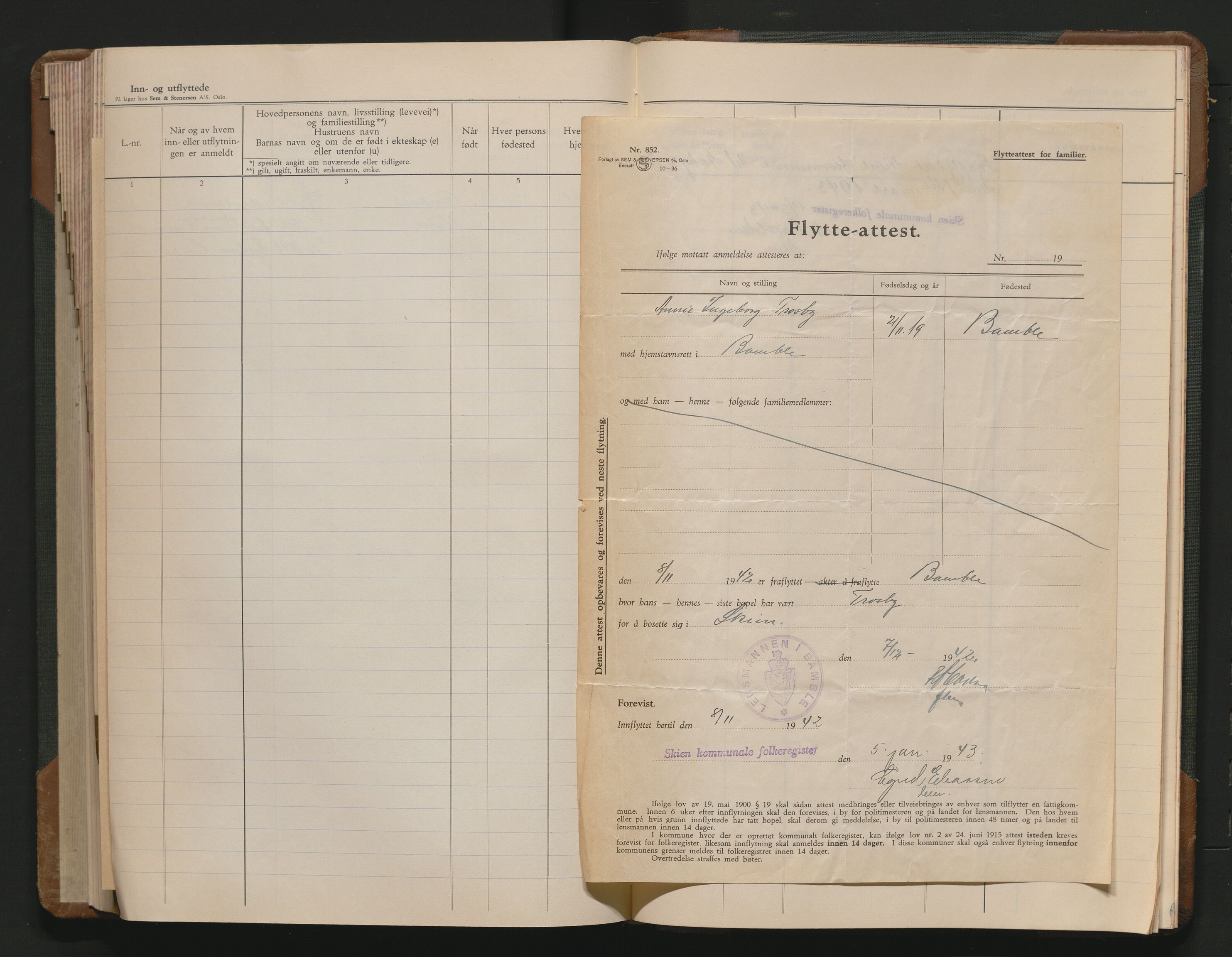 Bamble lensmannskontor, AV/SAKO-A-552/O/Oa/L0004: Protokoll over inn- og utflyttede - Bamble, 1942-1943
