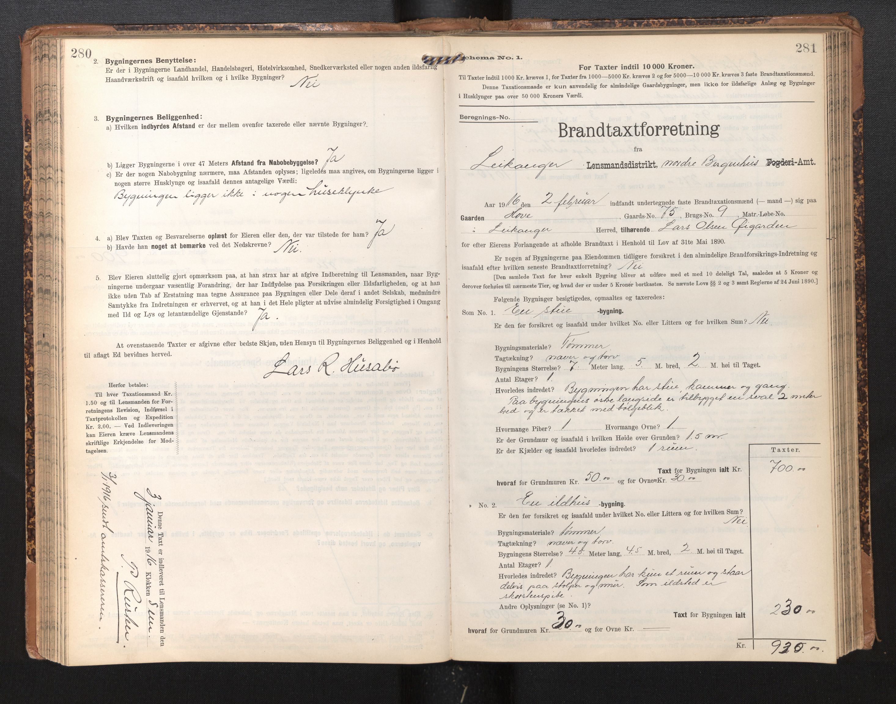 Lensmannen i Leikanger, SAB/A-29201/0012/L0005: Branntakstprotokoll, skjematakst, 1907-1917, s. 280-281