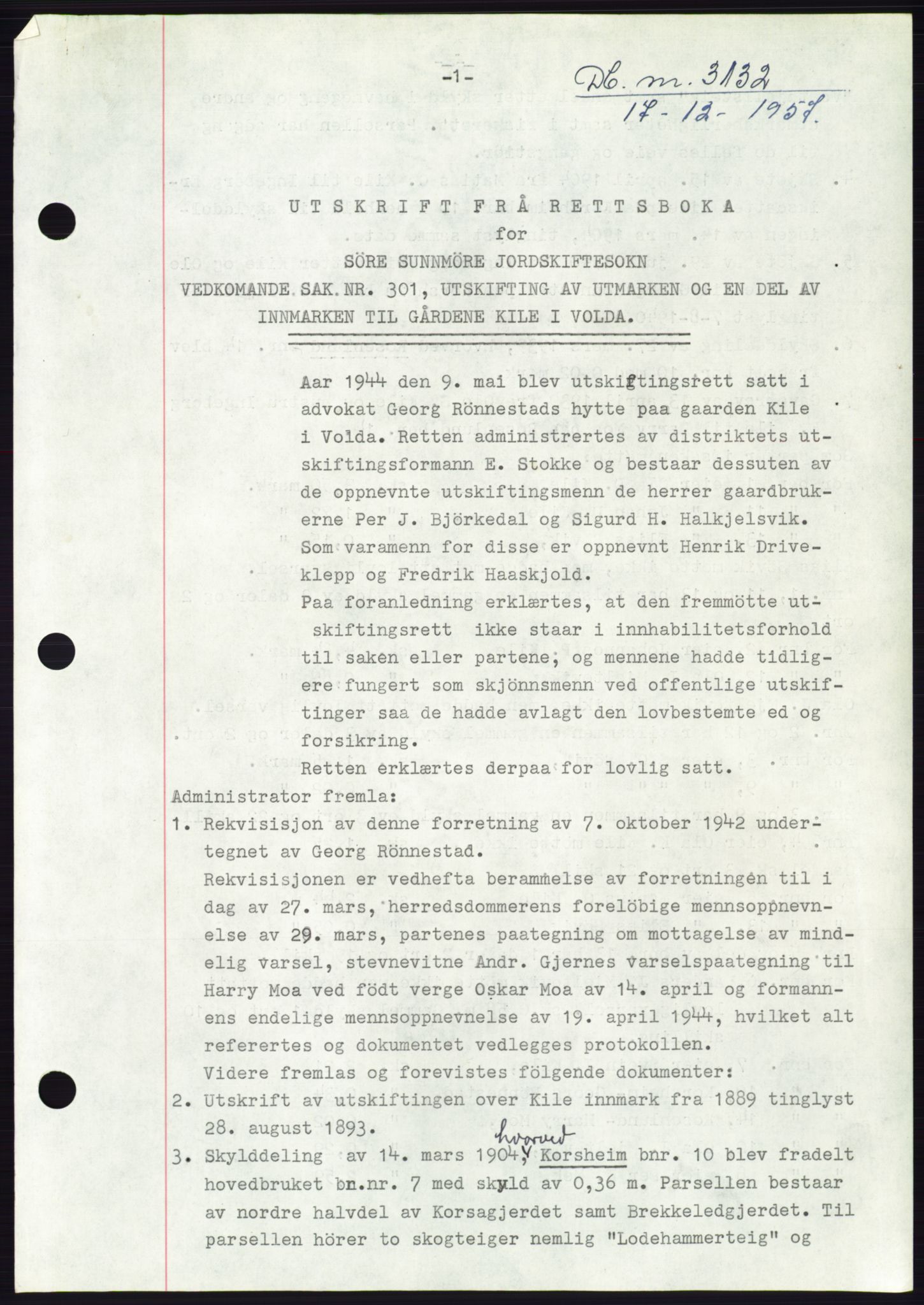 Søre Sunnmøre sorenskriveri, AV/SAT-A-4122/1/2/2C/L0108: Pantebok nr. 34A, 1957-1958, Dagboknr: 3132/1957