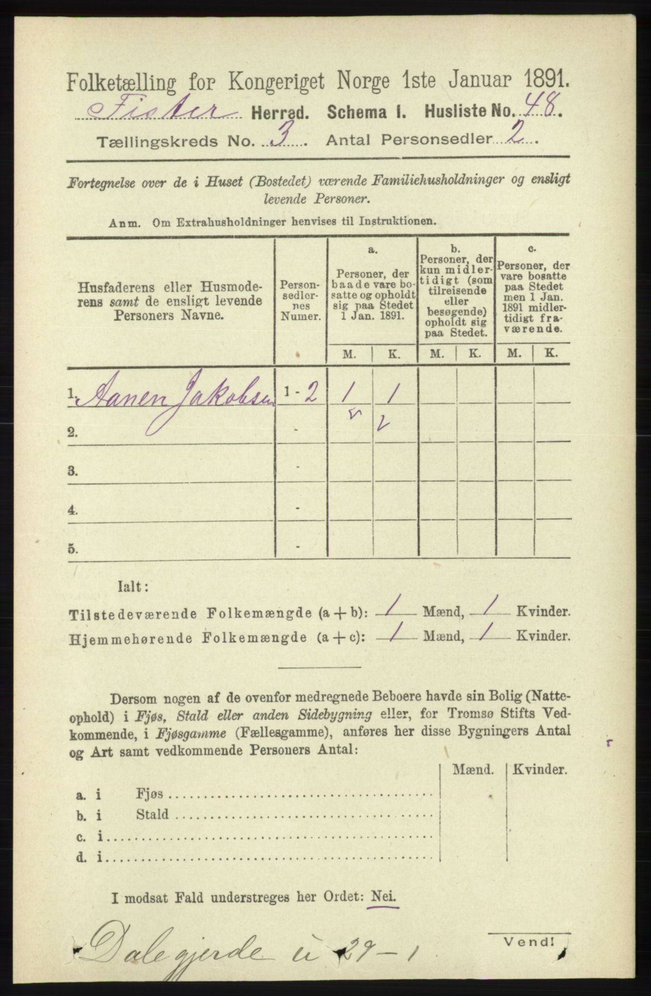 RA, Folketelling 1891 for 1132 Fister herred, 1891, s. 519