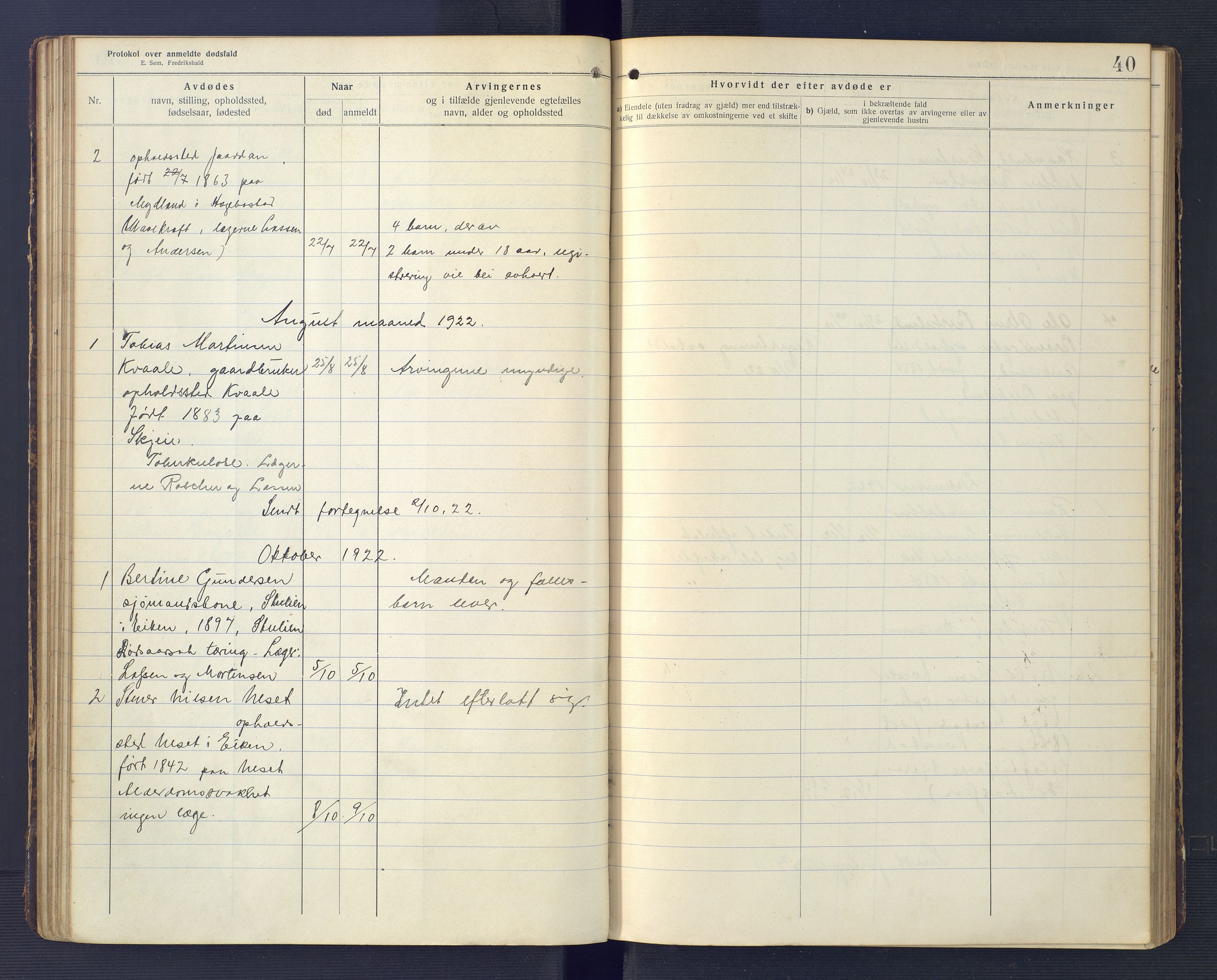 Hægebostad og Eiken lensmannskontor, SAK/1241-0023/F/Fe/L0002: Dødsfallsprotokoll nr 34, 1917-1932, s. 40