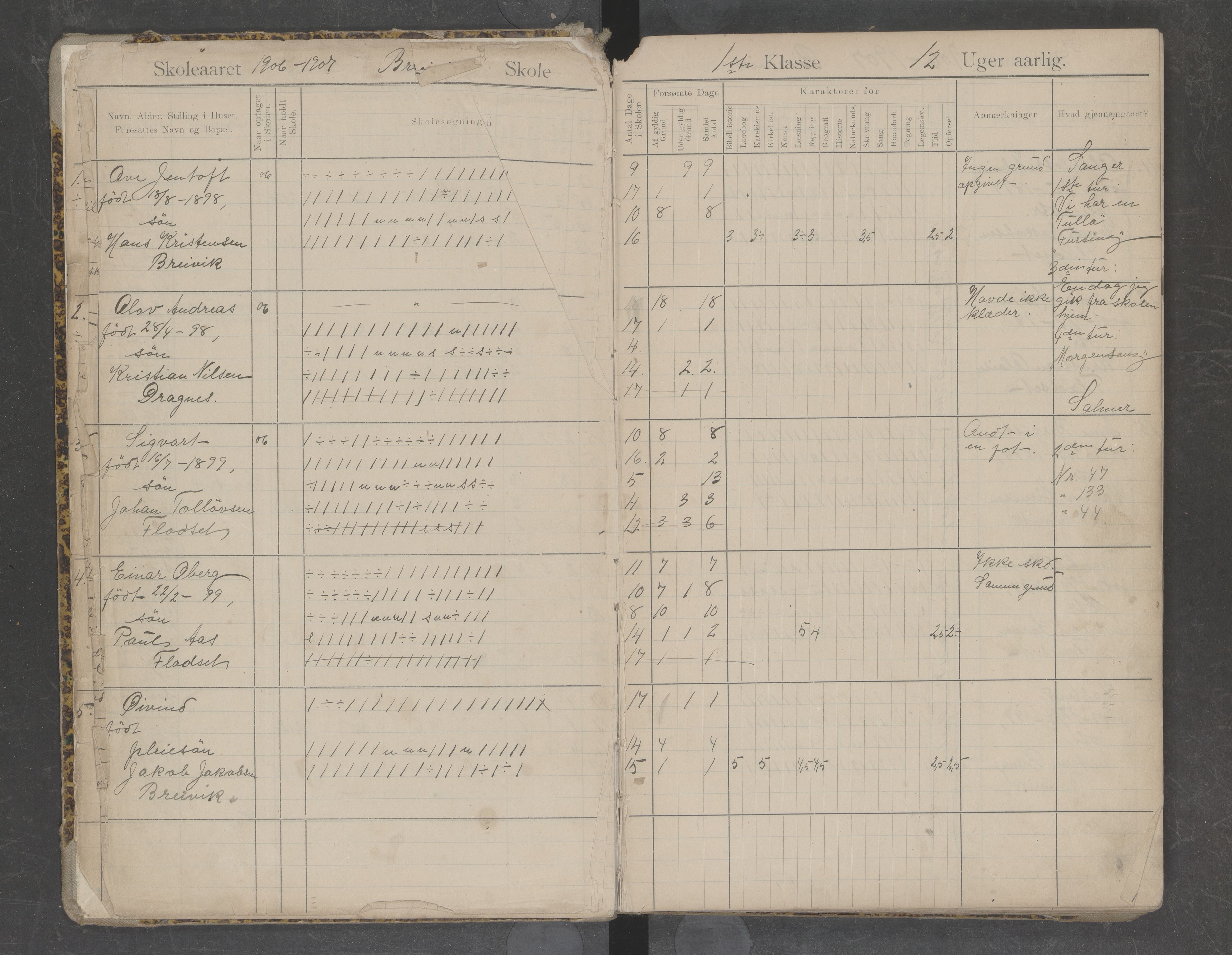 Hadsel kommune. Breivik skolekrets, AIN/K-18660.510.18/G/L0003: Skoleprotokoll for Breivik skole, 1906-1922