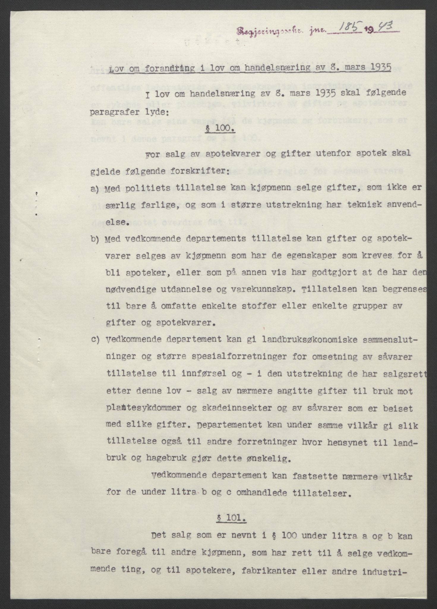 NS-administrasjonen 1940-1945 (Statsrådsekretariatet, de kommisariske statsråder mm), RA/S-4279/D/Db/L0099: Lover, 1943, s. 410