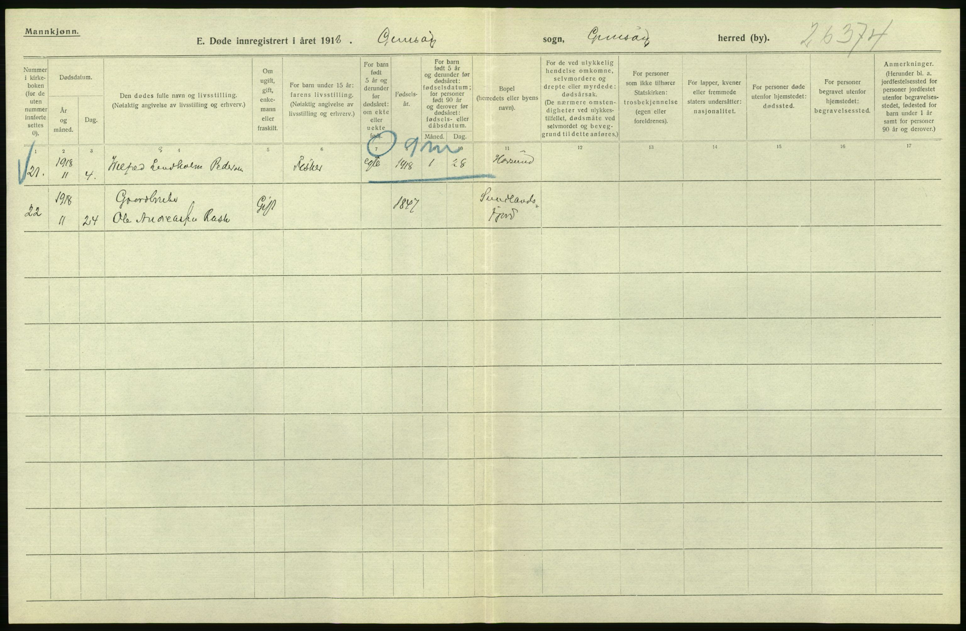 Statistisk sentralbyrå, Sosiodemografiske emner, Befolkning, AV/RA-S-2228/D/Df/Dfb/Dfbh/L0055: Nordland fylke: Døde. Bygder og byer., 1918, s. 410