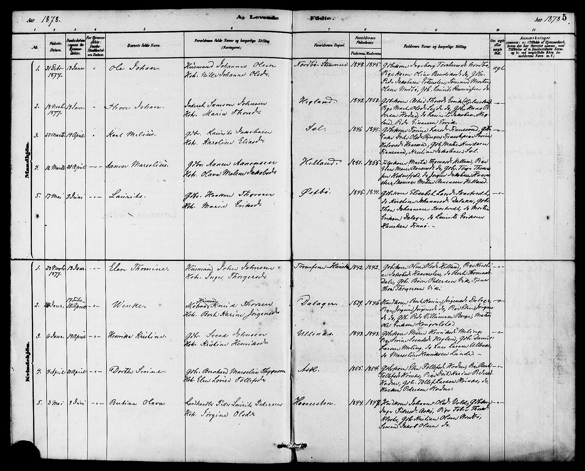 Rennesøy sokneprestkontor, AV/SAST-A -101827/H/Ha/Haa/L0007: Ministerialbok nr. A 7, 1878-1884, s. 5