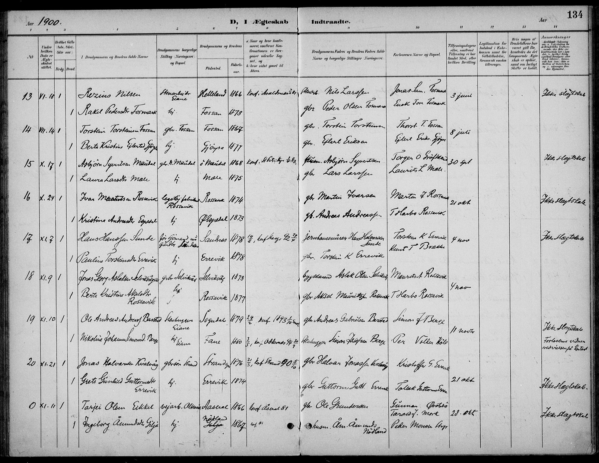 Høgsfjord sokneprestkontor, AV/SAST-A-101624/H/Ha/Haa/L0007: Ministerialbok nr. A 7, 1898-1917, s. 134