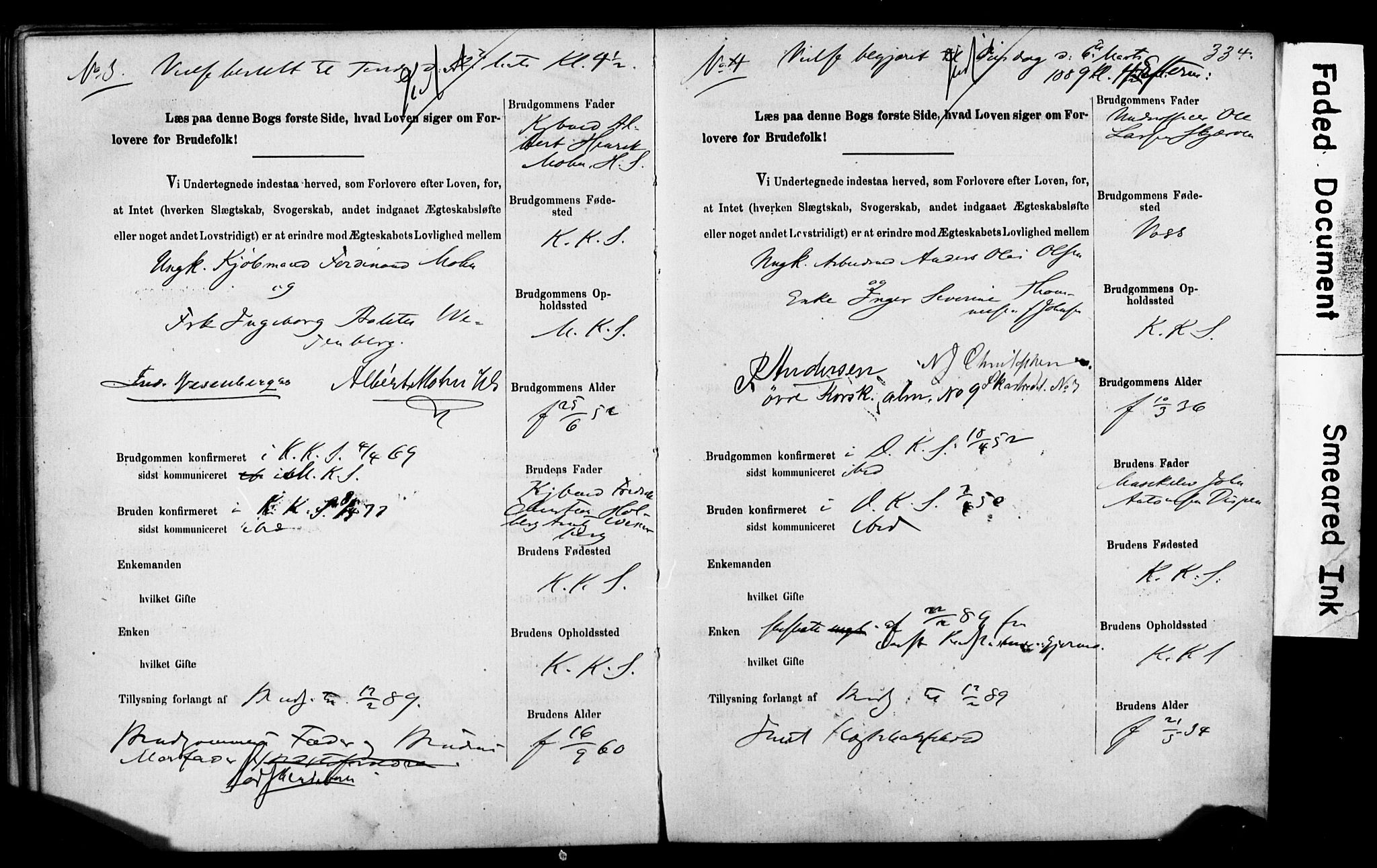 Korskirken sokneprestembete, SAB/A-76101: Forlovererklæringer nr. II.5.5, 1878-1889, s. 334