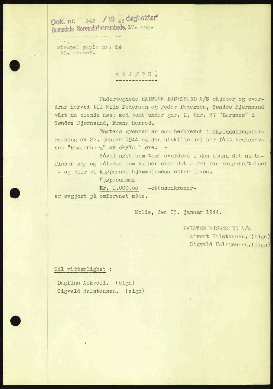 Romsdal sorenskriveri, SAT/A-4149/1/2/2C: Pantebok nr. A18, 1945-1945, Dagboknr: 945/1945